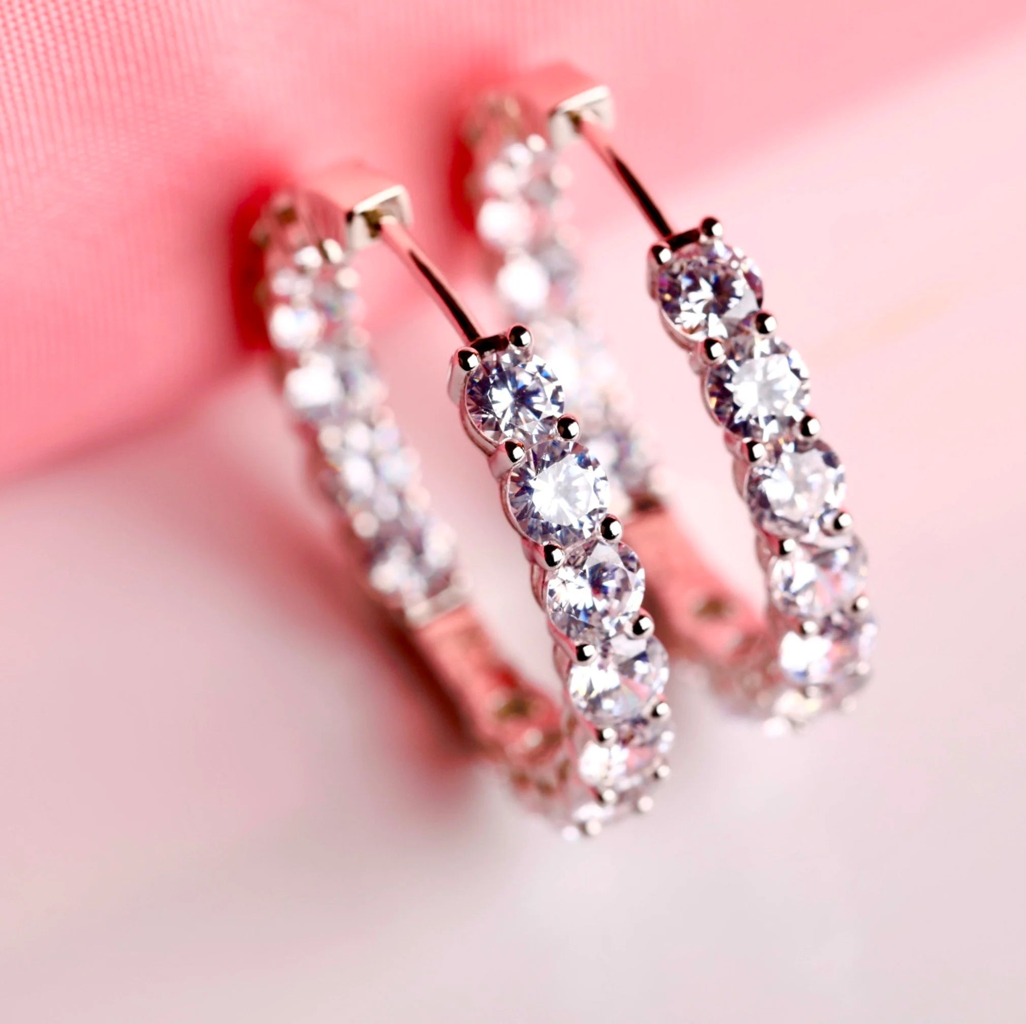 Hinged Hoop inside Out Earrings Set with round Simulated Diamonds 5A Cubic Zirconia in Rhodium Plated Sterling Silver 3Cm Diameter