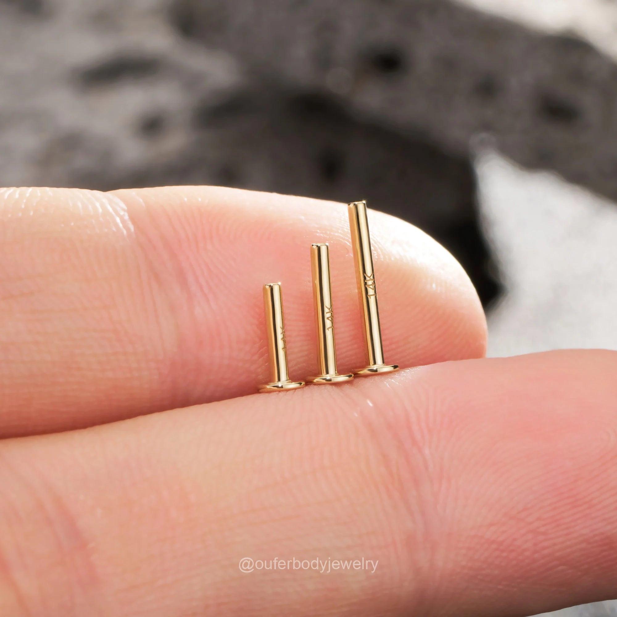 14K Solid Gold Internally Threaded Labret Studs - Available in 5mm, 6mm, 8mm, and 10mm for Cartilage, Helix, and Tragus Piercings.