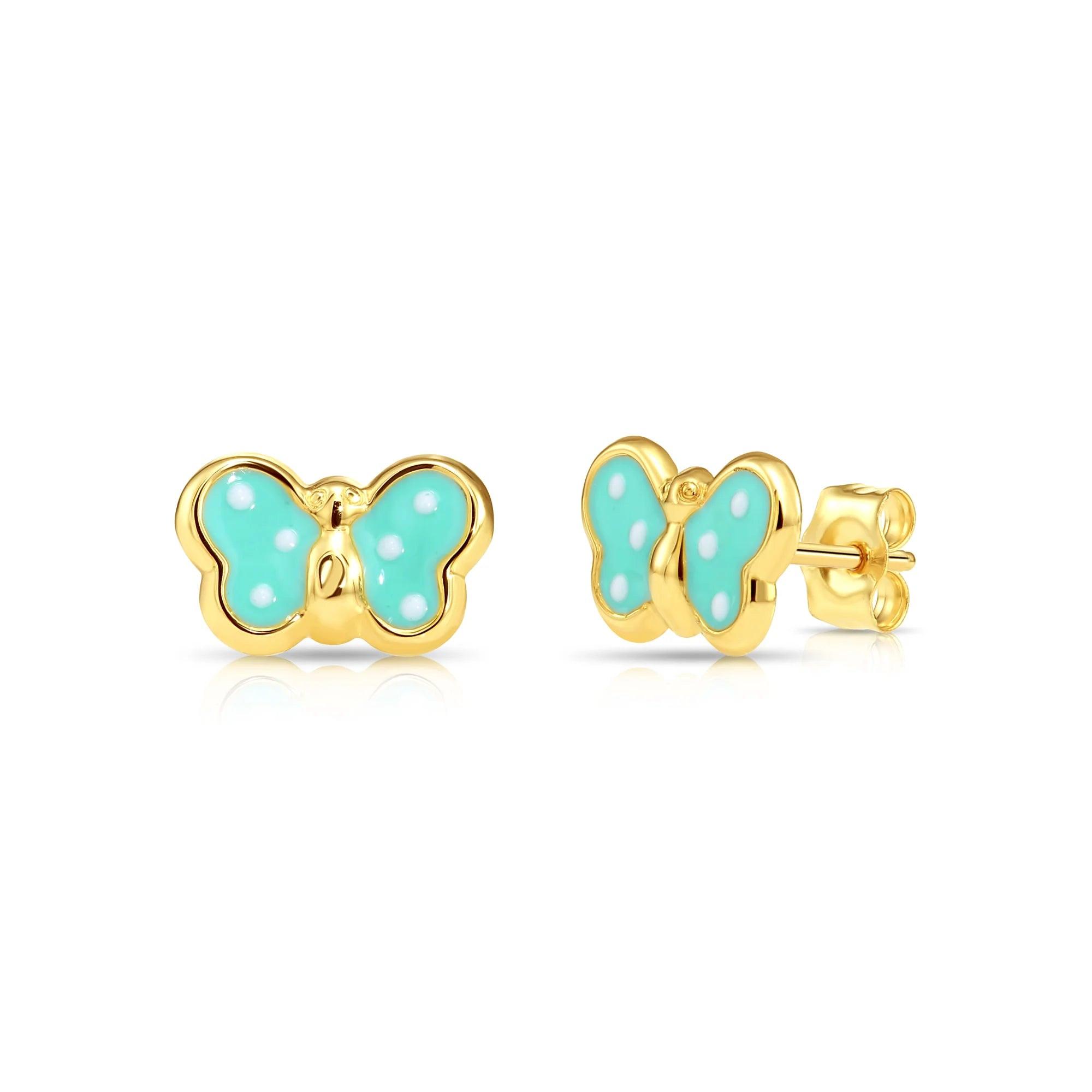 Stunning 14K Yellow Gold Butterfly Poke-A-Dot Enamel Stud Earrings with Pushback Closure.