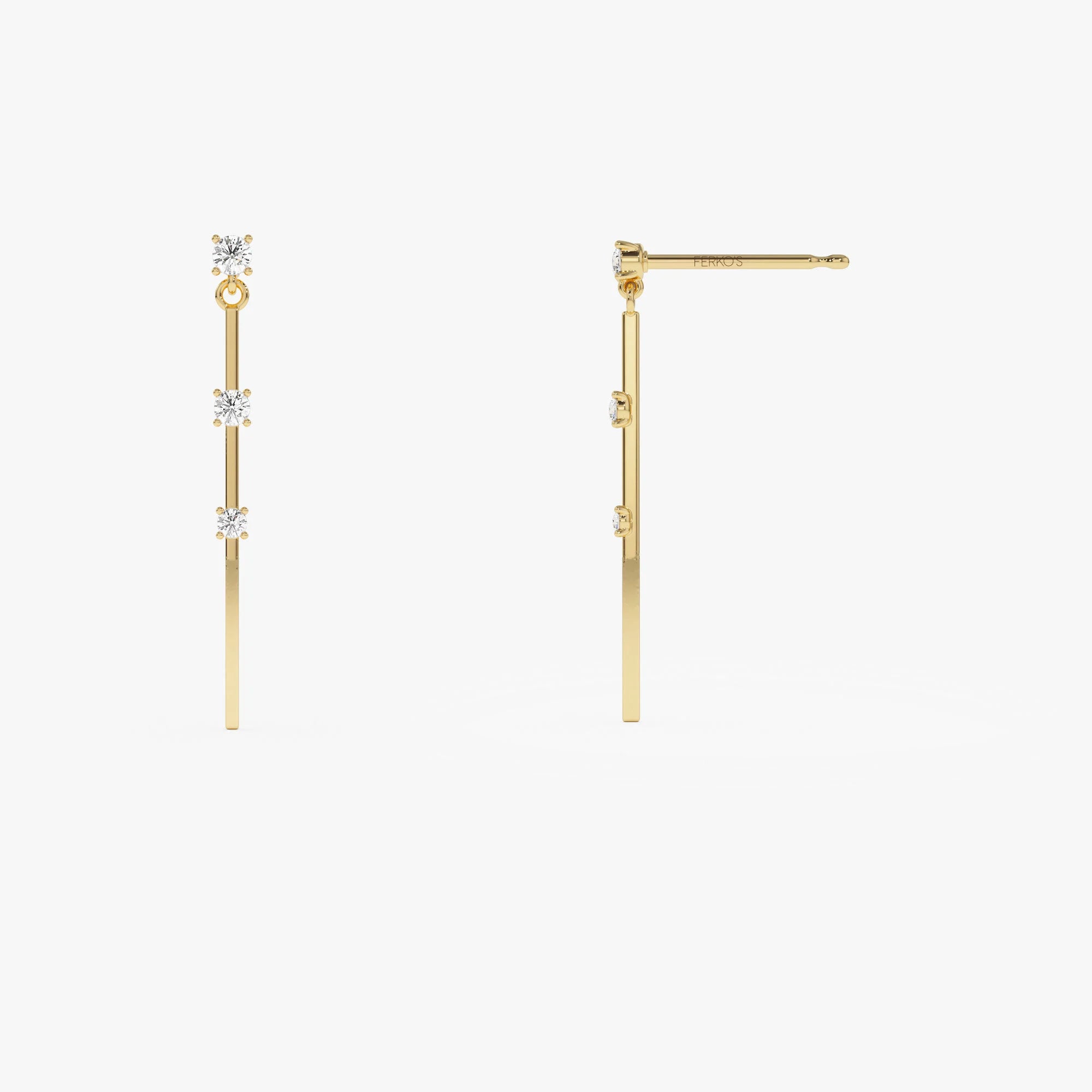 Gold Linear Bar Triple Diamond Drop Earrings, 14K Gold Bar Earrings, 0.28 Ctw Diamond Station Dangle Earrings, Trendy Earring Gift for Her