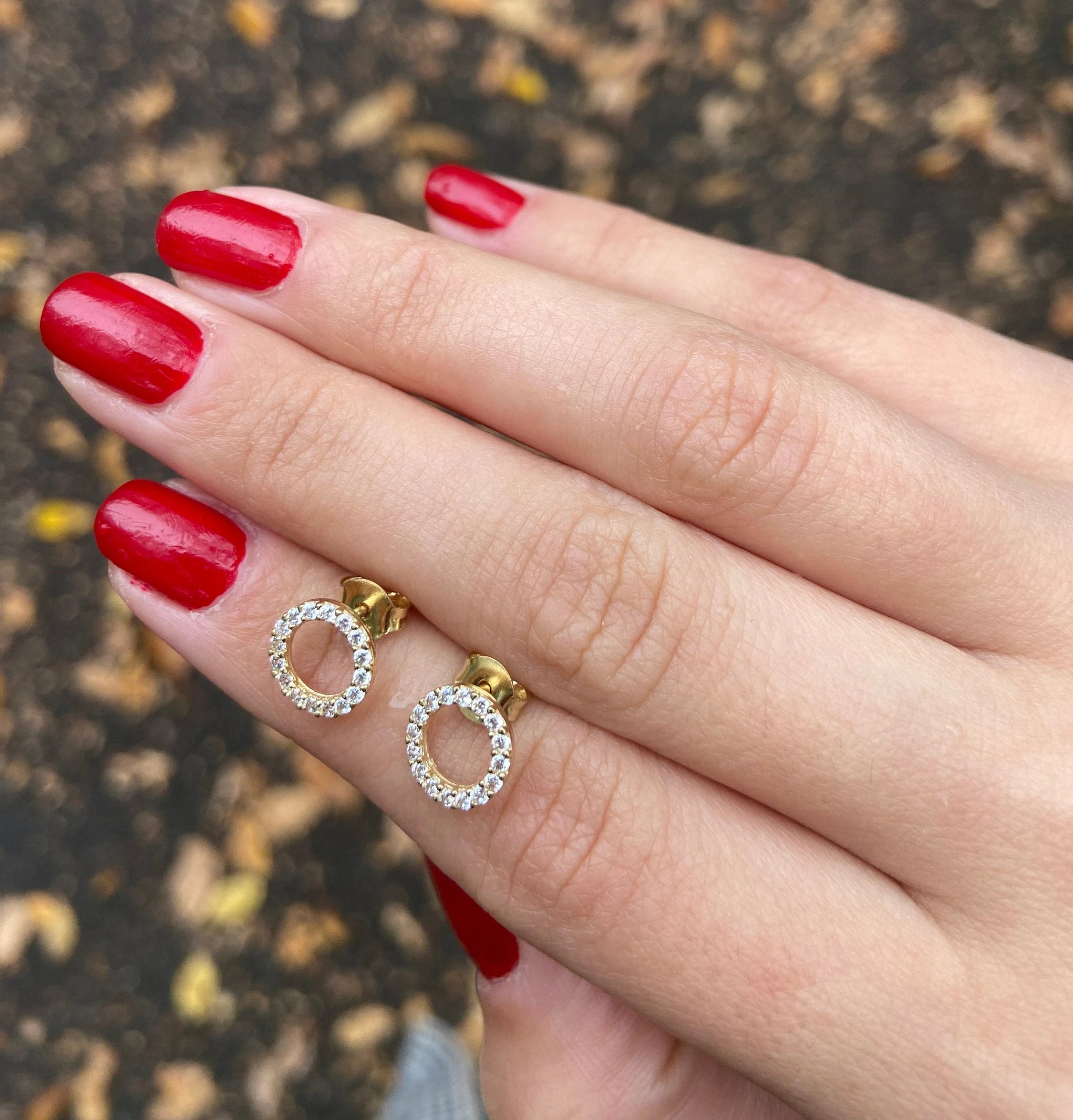 14K Gold CZ Pave Open Circle Stud Earrings, Geometric Halo