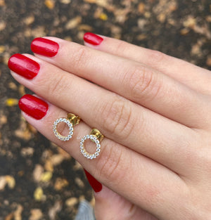 14K Gold CZ Pave Open Circle Stud Earrings, Geometric Halo