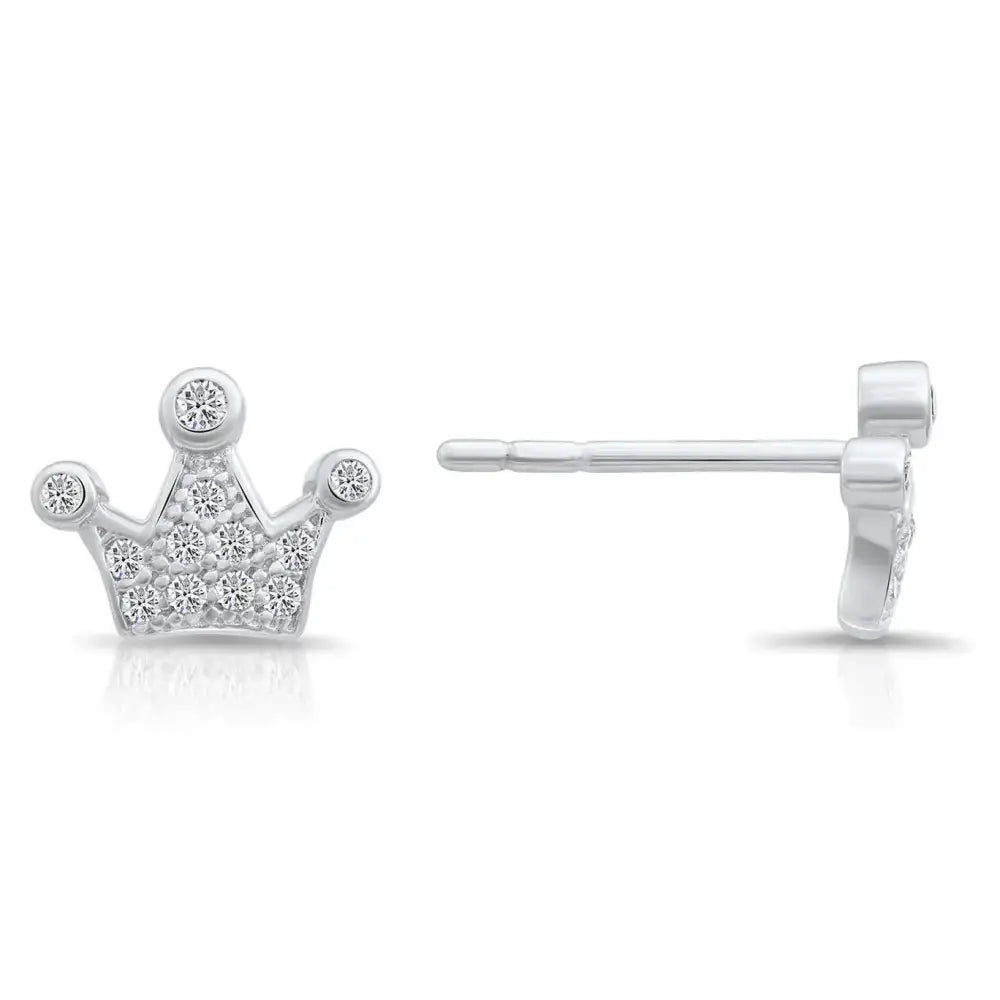 Glamorous CZ Royal Princess Crown Sterling Silver Stud Earrings.