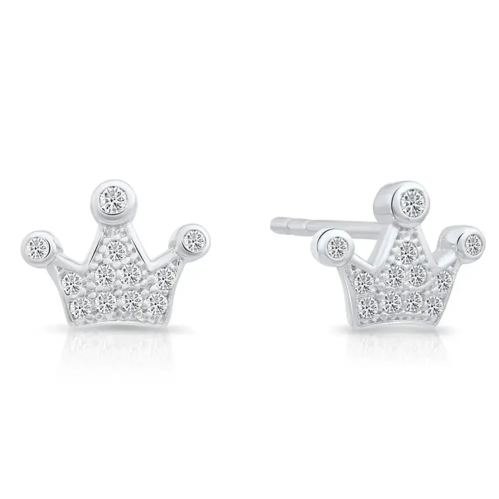 Glamorous CZ Royal Princess Crown Sterling Silver Stud Earrings.