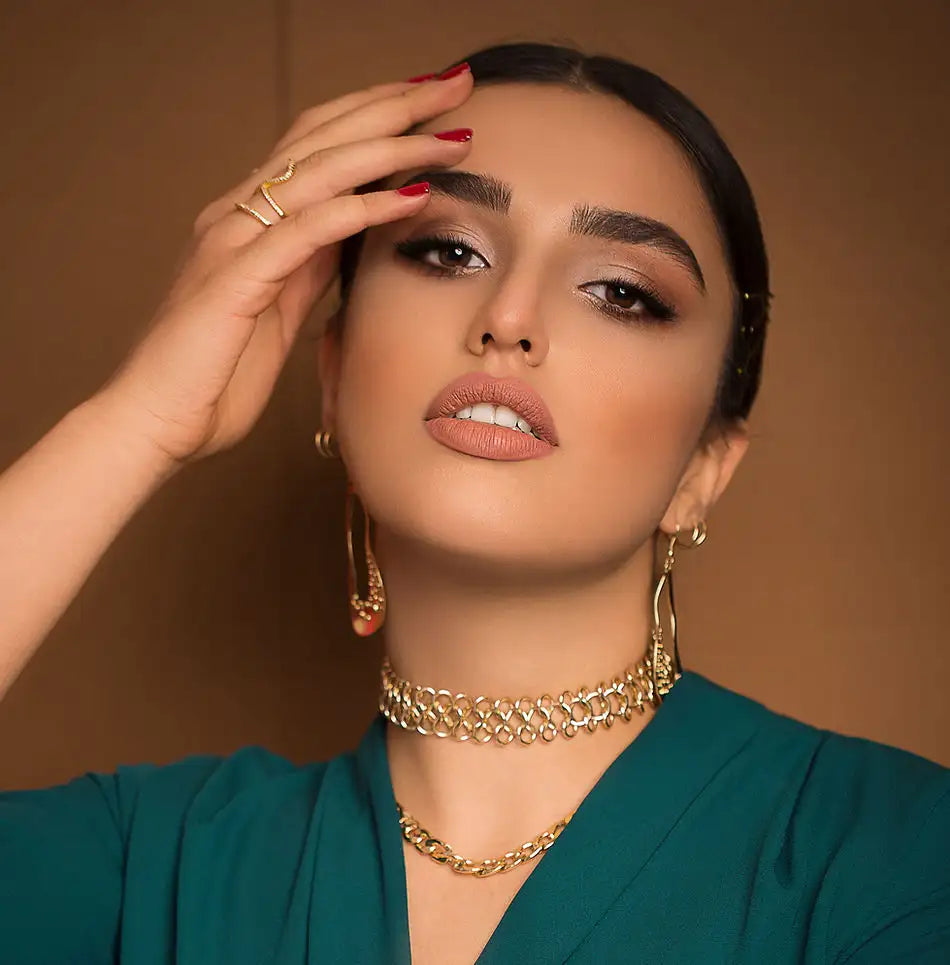 Gold chain choker necklace with interlocking links.