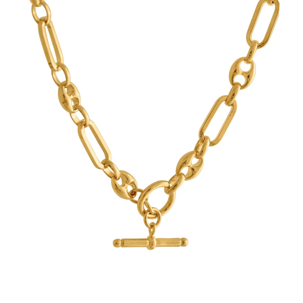 GOLD MIXED LINK T-BAR CHAIN NECKLACE
