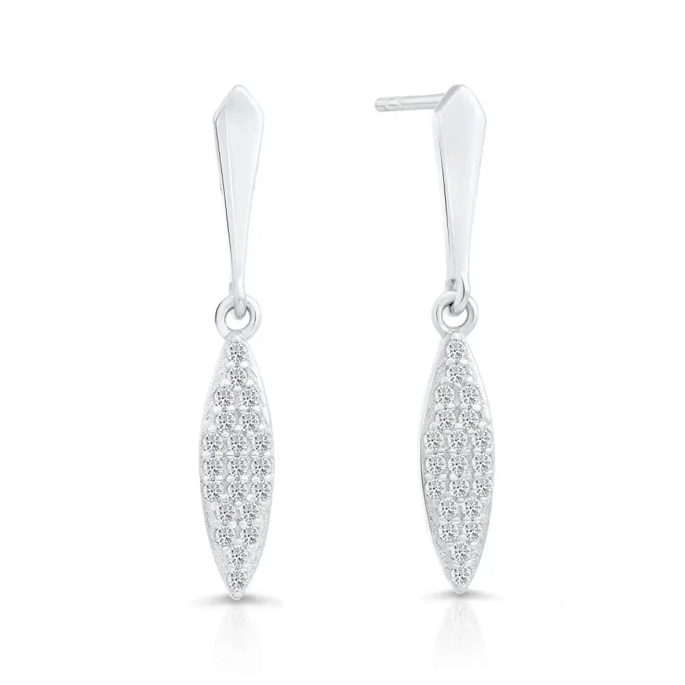 Gorgeous Sterling Silver CZ Willow Leaf Dangle Stud Earrings - Slim and Stylish.