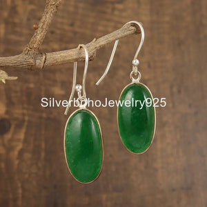 Green Jade Earrings: Oval Cabochon, 925 Sterling Silver Bezel