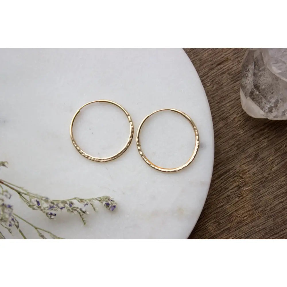 Hammered Gold Hoop Earrings, Textured Small Gold Earring Hoops, Medium 14K Gold Filled Simple Hoops, Hand Forged 25Mm - #04AE-05-043