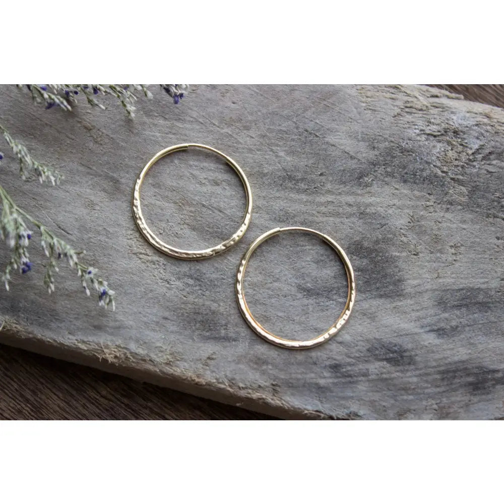 Hammered Gold Hoop Earrings, Textured Small Gold Earring Hoops, Medium 14K Gold Filled Simple Hoops, Hand Forged 25Mm - #04AE-05-043