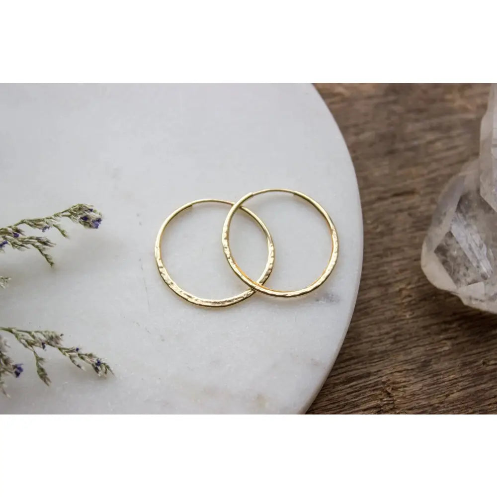Hammered Gold Hoop Earrings, Textured Small Gold Earring Hoops, Medium 14K Gold Filled Simple Hoops, Hand Forged 25Mm - #04AE-05-043