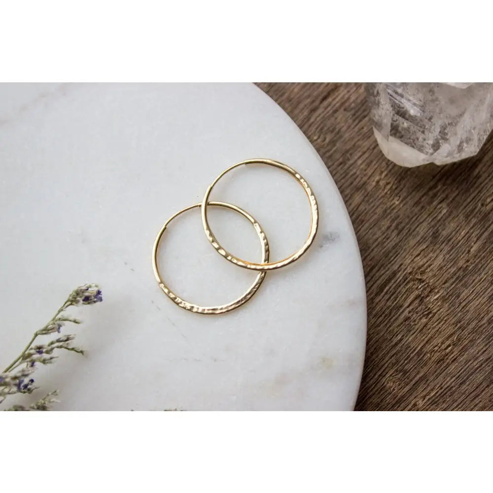 Hammered Gold Hoop Earrings, Textured Small Gold Earring Hoops, Medium 14K Gold Filled Simple Hoops, Hand Forged 25Mm - #04AE-05-043