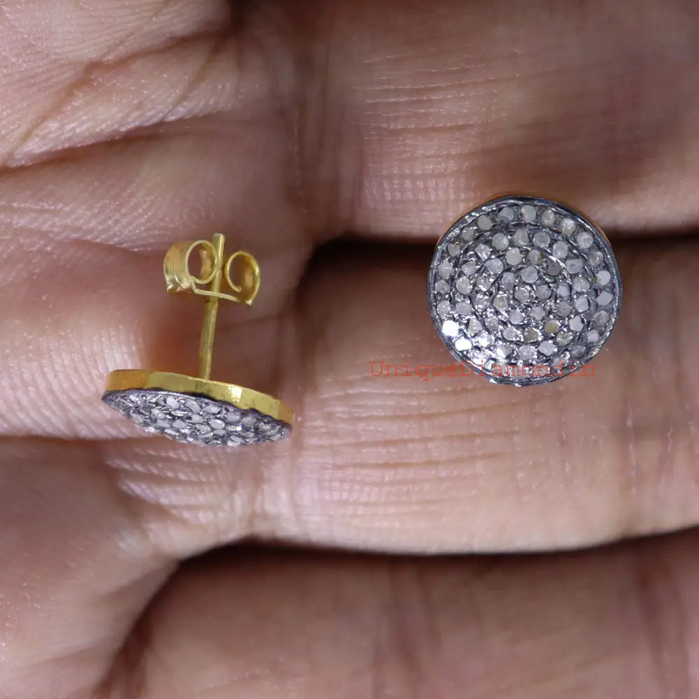 Handmade Pave Diamond Stud Earrings, 925 Sterling Silver, 14K Gold & Black Plated