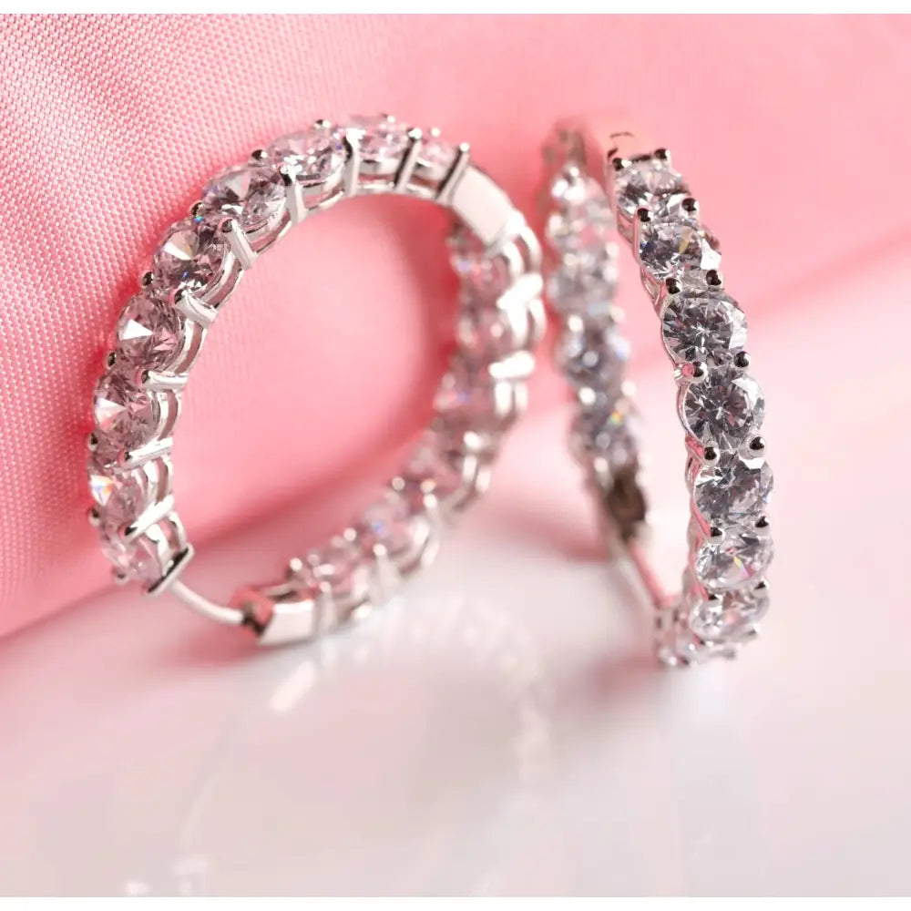 Hinged Hoop inside Out Earrings Set with round Simulated Diamonds 5A Cubic Zirconia in Rhodium Plated Sterling Silver 3Cm Diameter