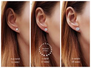 Diamond Stud Earrings, 0.5, 1 & 2 Carat Man Made Diamond Simulant Studs, 14K White Gold Plated Silver 3 Prong Set, Mothers Day Gift with Box