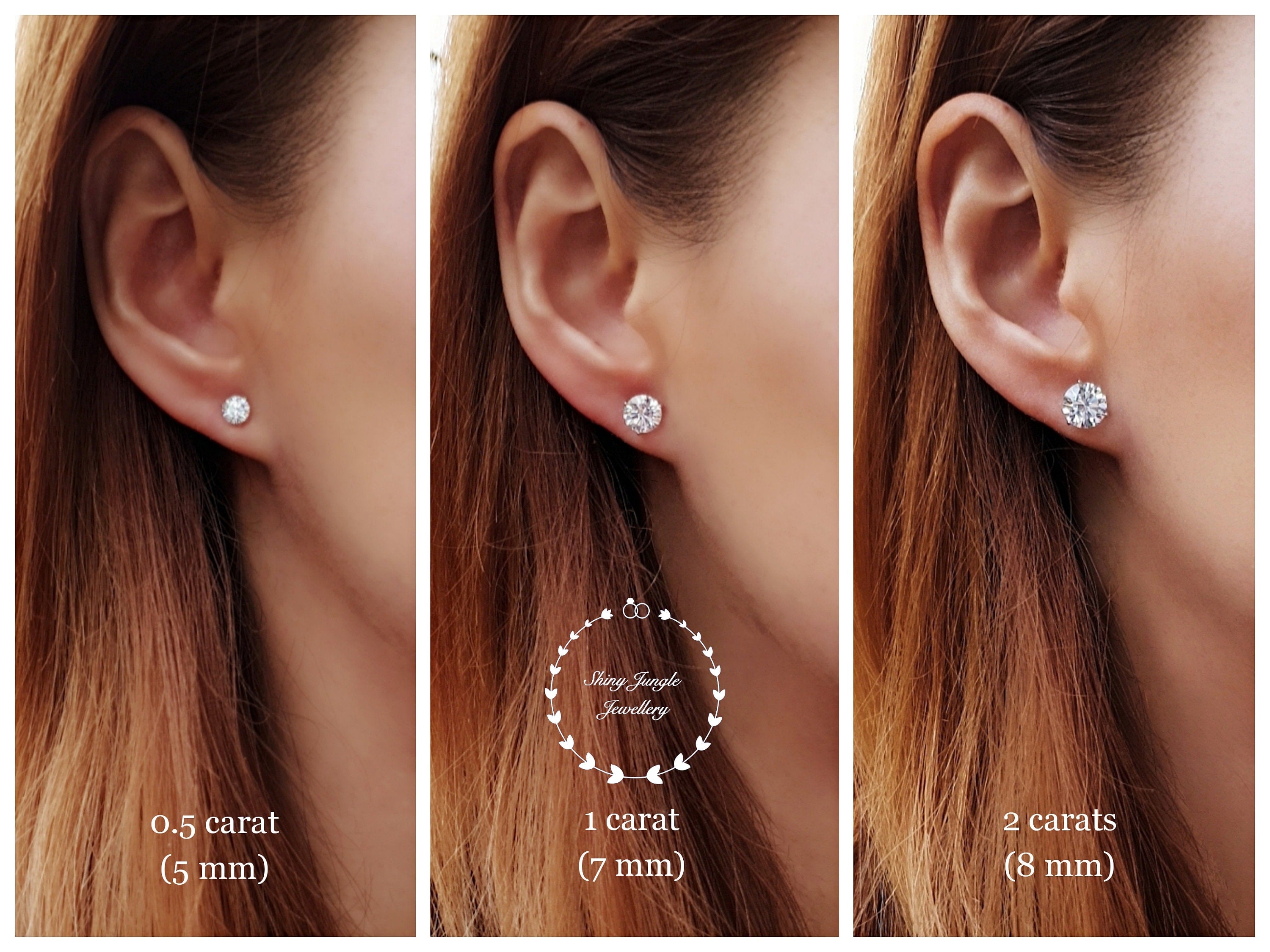 Diamond Stud Earrings, 0.5, 1 & 2 Carat Man Made Diamond Simulant Studs, 14K White Gold Plated Silver 3 Prong Set, Mothers Day Gift with Box