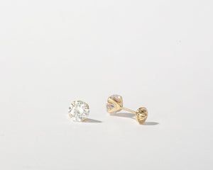 Dainty 14K Solid Gold Tiny Round CZ Diamond Screw Back Stud Earrings.