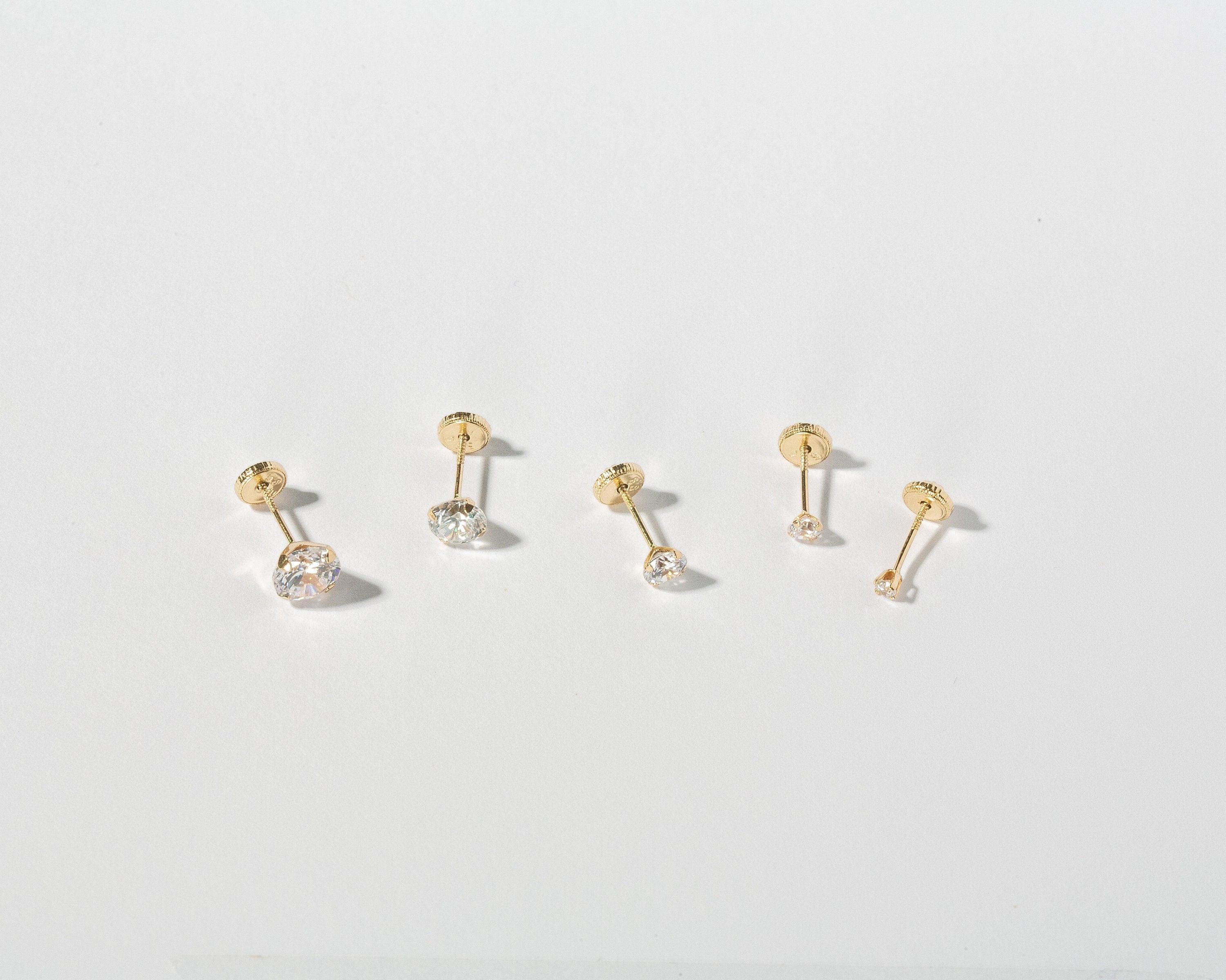 Dainty 14K Solid Gold Tiny Round CZ Diamond Screw Back Stud Earrings.