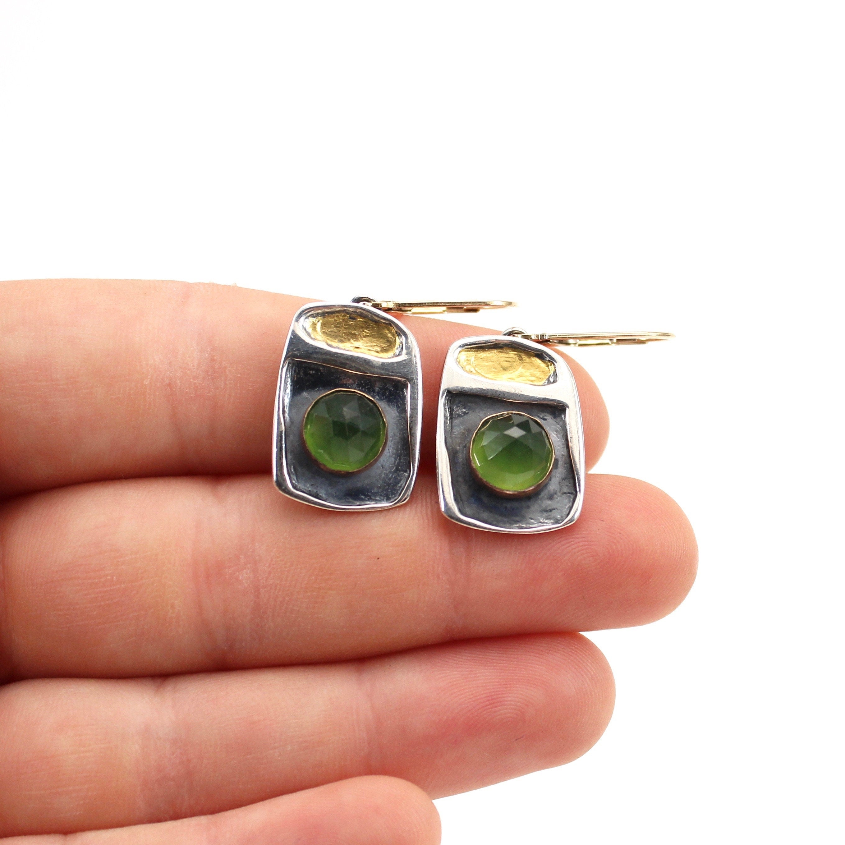 Green Serpentine Earrings: Sterling Silver, 24K Gold Keum-Boo