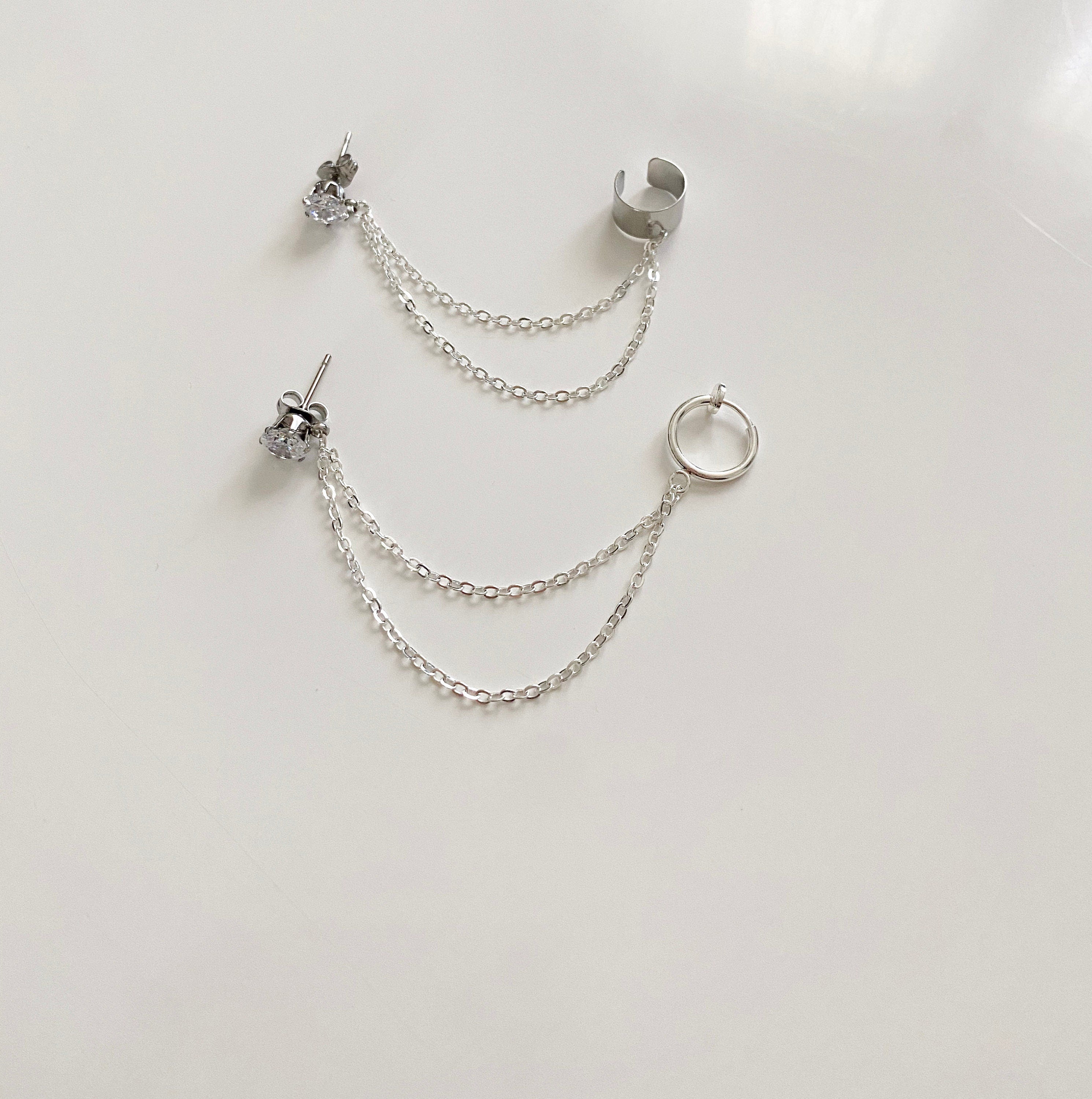 Diamond Chain Ear Cuff, Diamond Stuff, Chain Ear Cuff, Diamond Ear Cuff, Chain Earring, Double Earring, Silver Ear Cuff