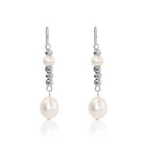 Elegant 925 Sterling Silver Double Pearl Drop Earrings - Freshwater Cultured White Pearls.