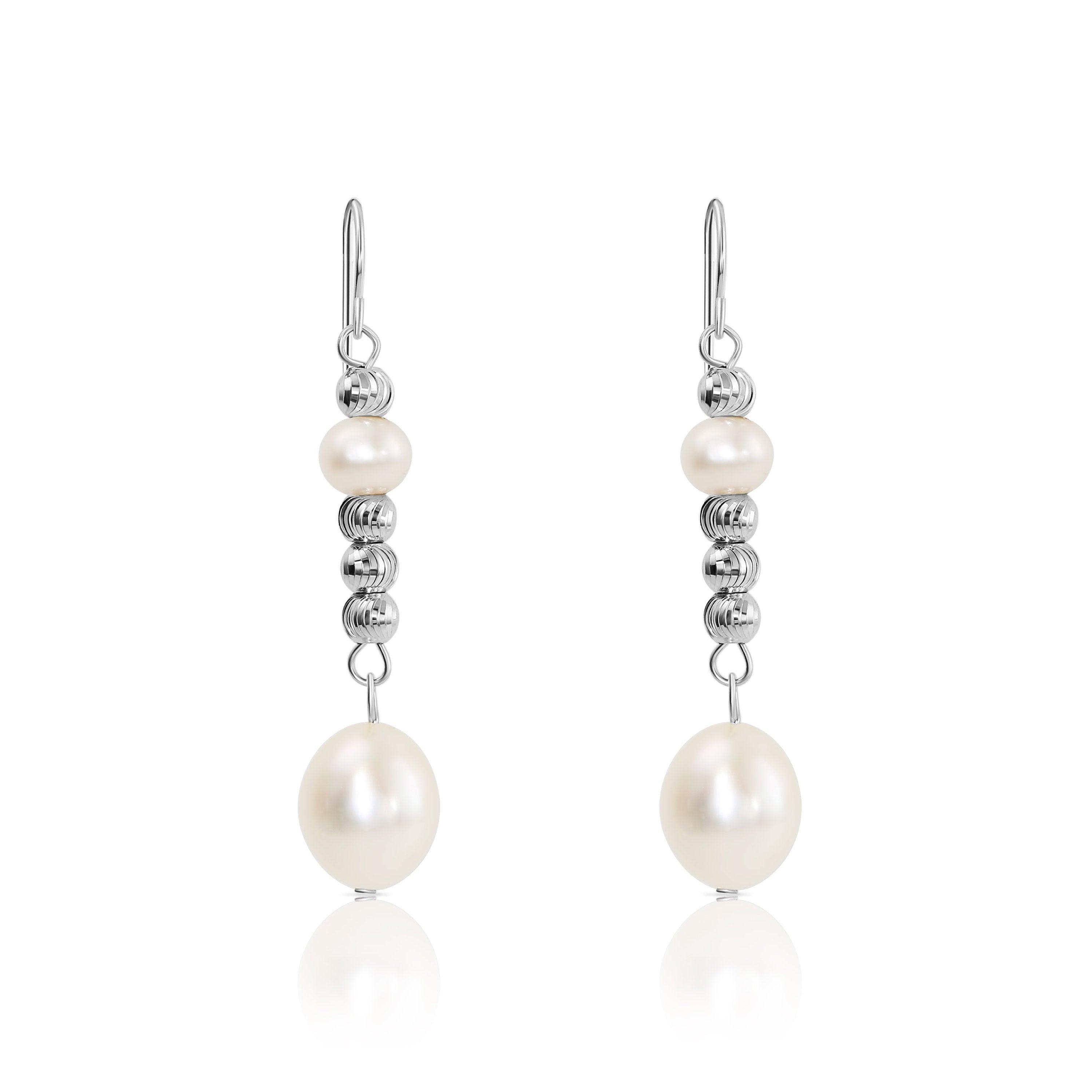 Elegant 925 Sterling Silver Double Pearl Drop Earrings - Freshwater Cultured White Pearls.