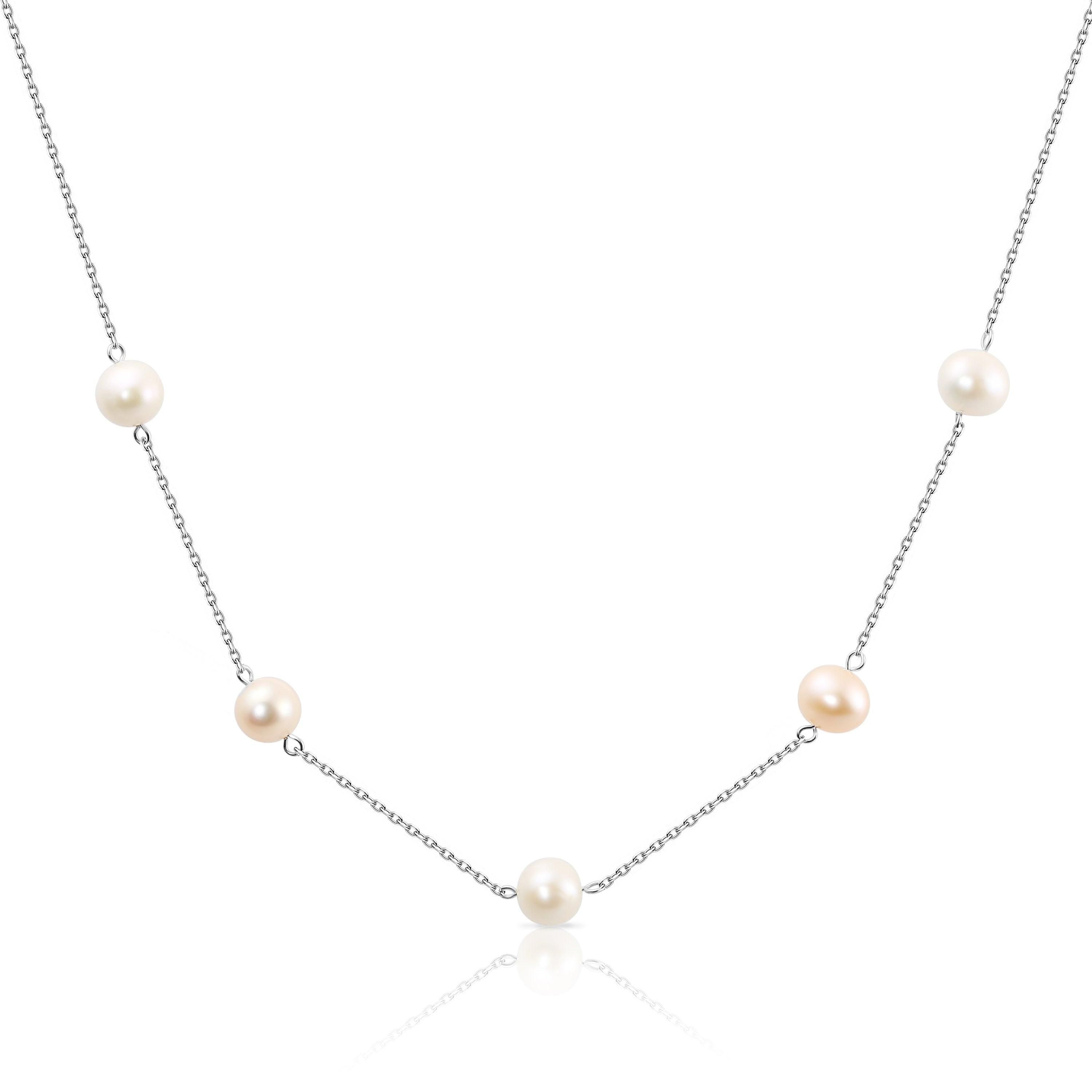 Elegant 18-Inch Handmade Sterling Silver Freshwater Pink Pearl Station Necklace.