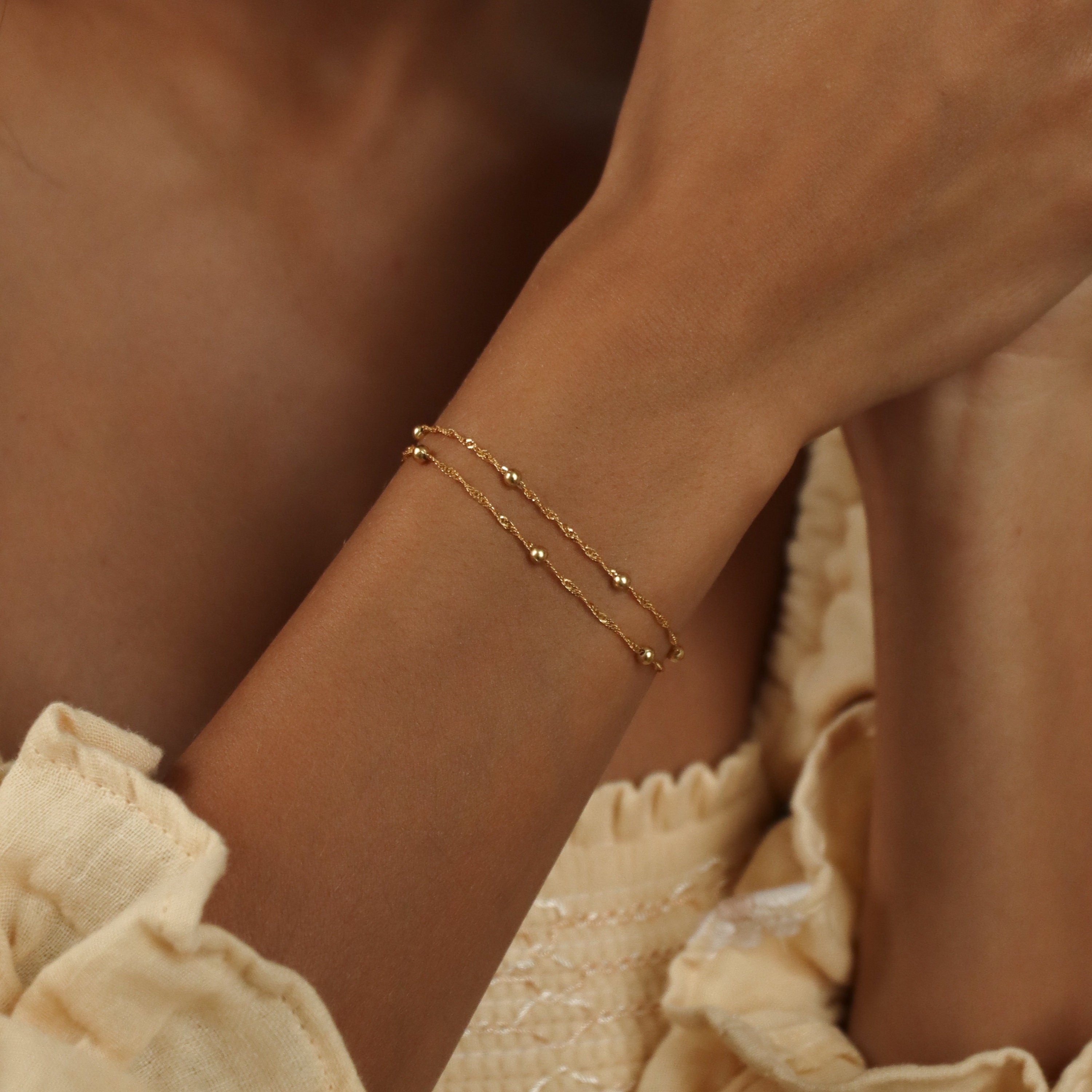 Duo Bead Chain Bracelet by Caitlyn Minimalist • Dainty Gold Bracelet • Fine Beaded Chain Bracelet • Birthday Gifts for Women • BR016