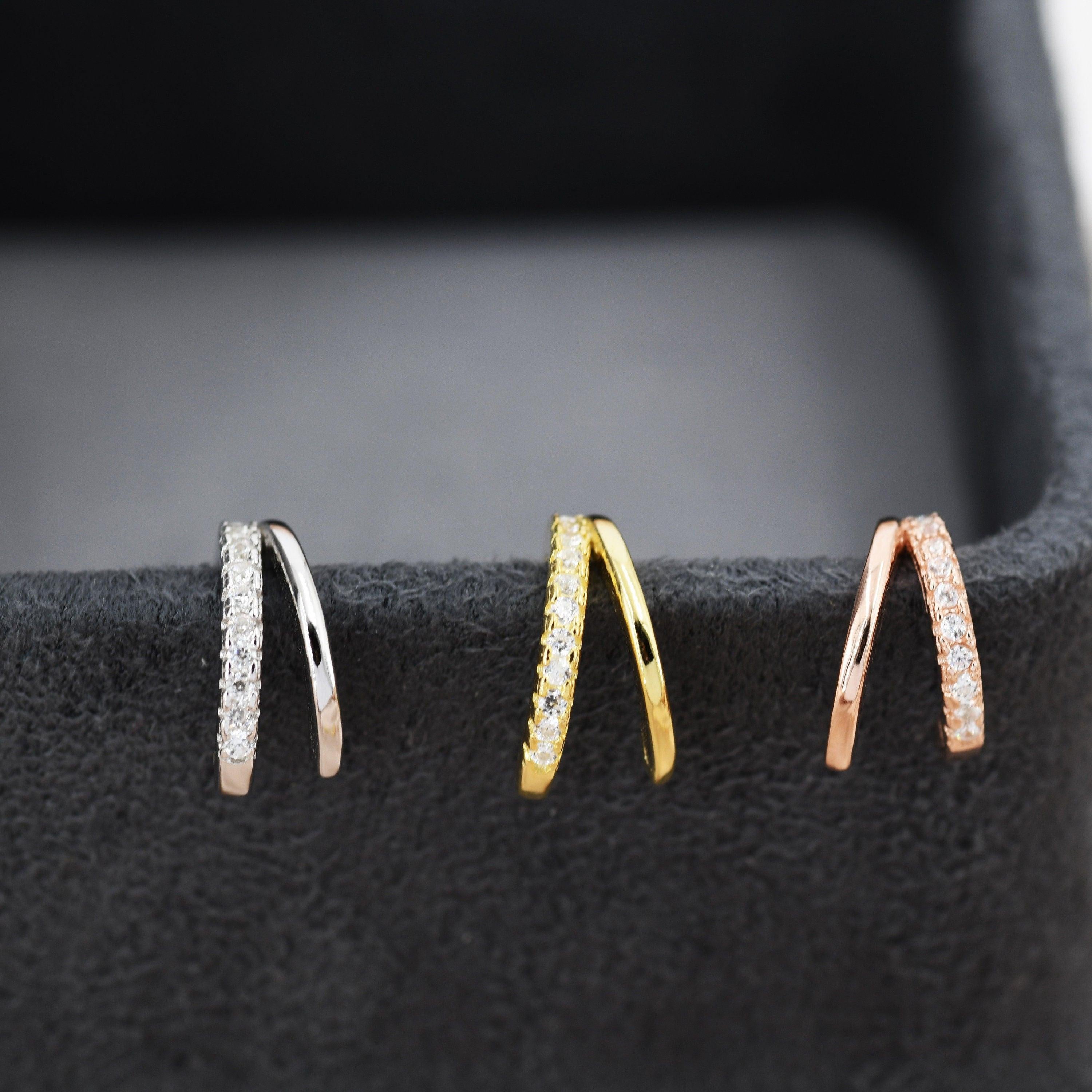 Elegant Double Hoop Effect Earrings in Sterling Silver with CZ Pavé - Dainty Silver, Gold, and Rose Gold Jewelry.