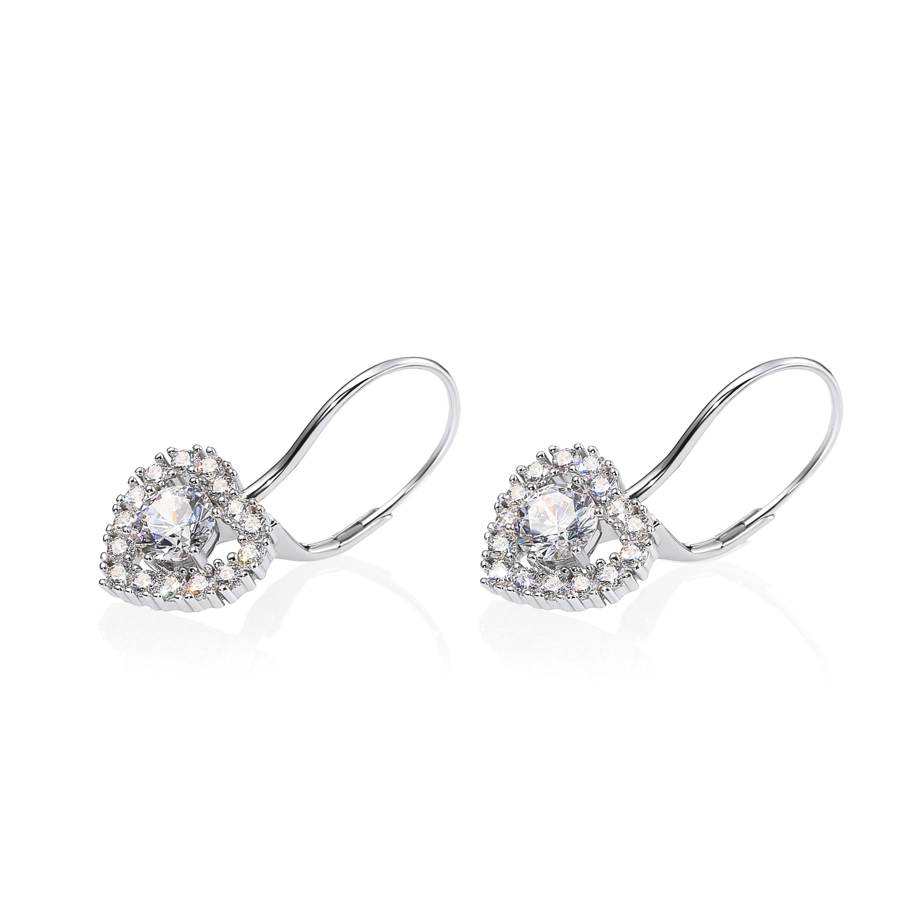 Sterling Silver Heart Halo Earrings, French Lever-Back Design with Sparkling Cubic Zirconia, Statement and Bridal Jewelry