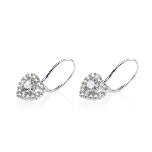 Sterling Silver Heart Halo Earrings, French Lever-Back Design with Sparkling Cubic Zirconia, Statement and Bridal Jewelry