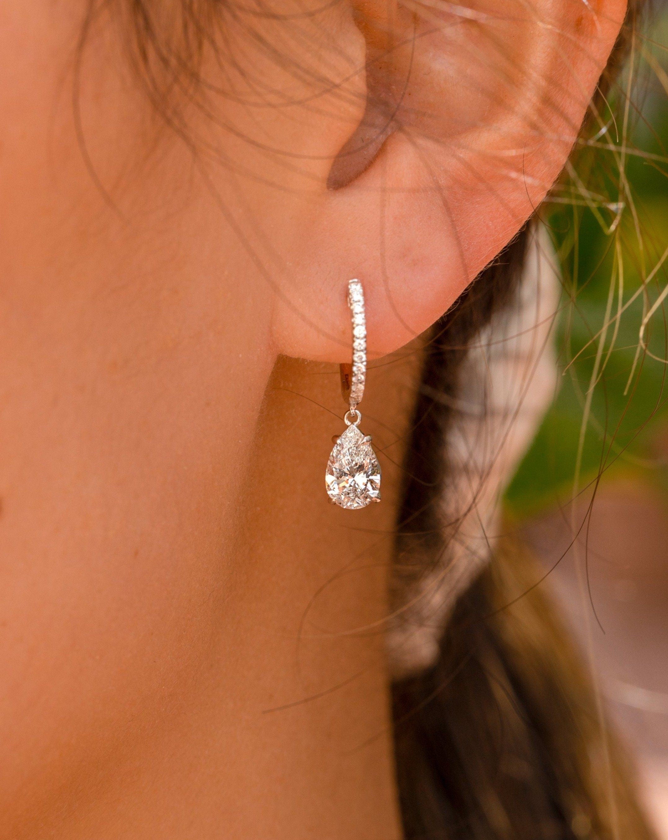 Pear Moissanite Earrings, Tear Drop Drop Earrings with Side round Moissanite Diamonds, VVS Clarity, D-E-F Color, Elegant Jewelry for Her