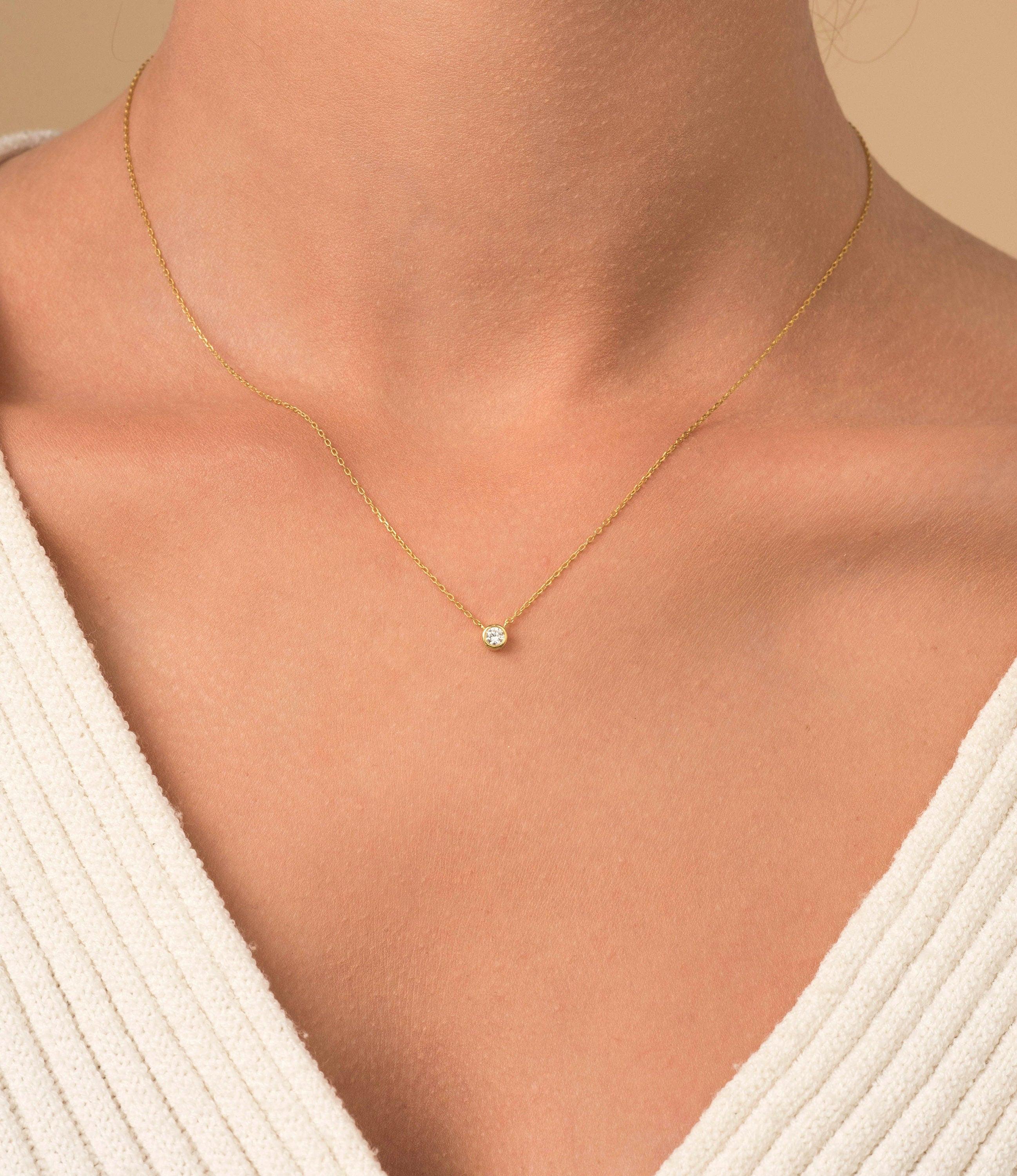 Stunning 14K Gold Diamond Solitaire Necklace - Dainty Bezel Set Pendant for Elegant Minimalism.