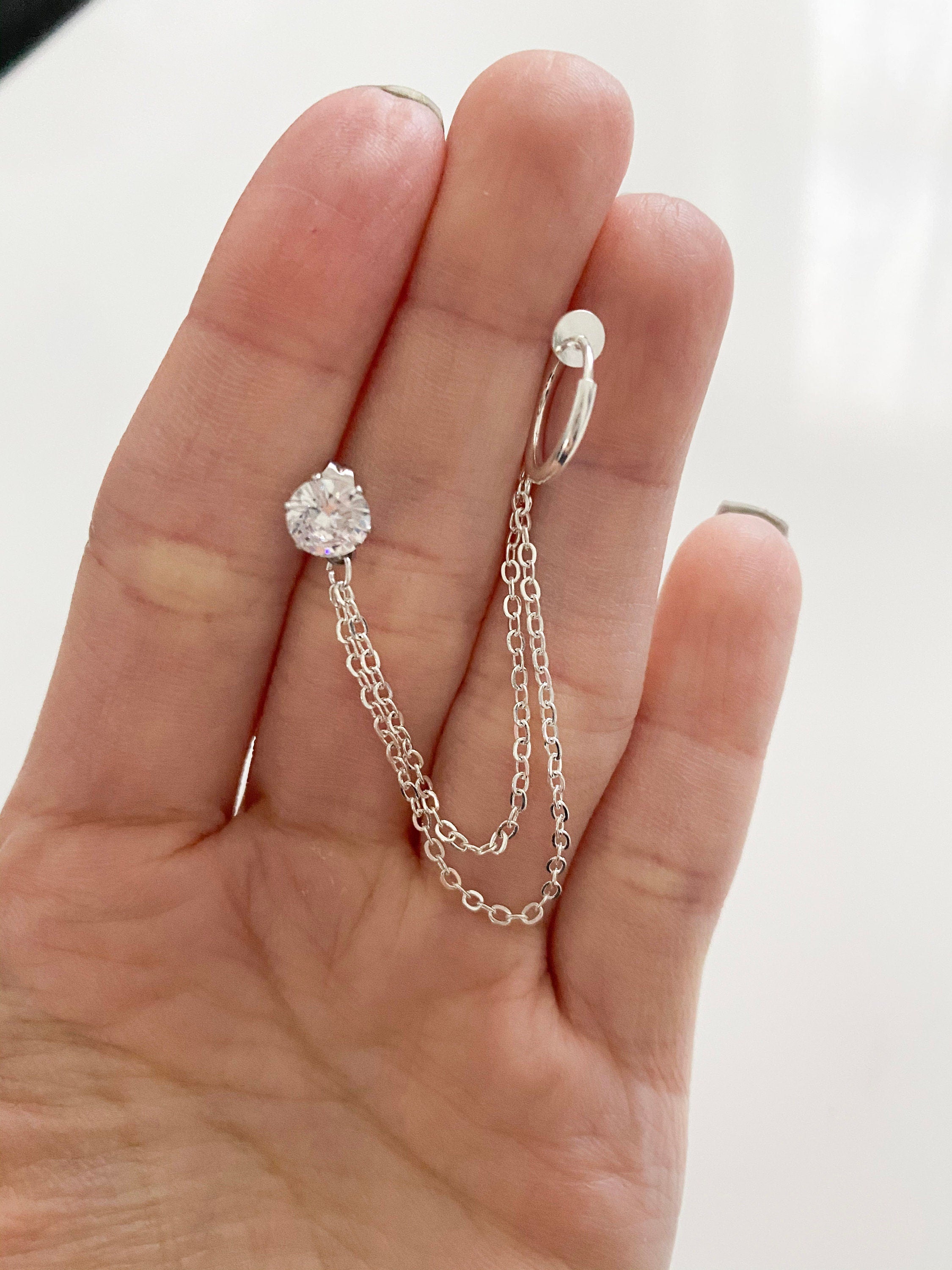 Diamond Chain Ear Cuff, Diamond Stuff, Chain Ear Cuff, Diamond Ear Cuff, Chain Earring, Double Earring, Silver Ear Cuff
