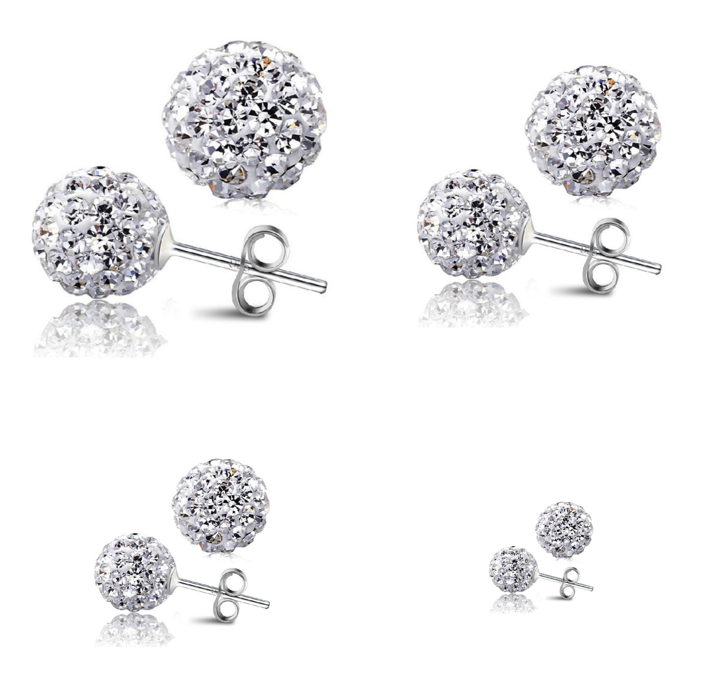 Sterling Silver Small to Big Shamballa Crystal Ball Stud Earrings 4, 5, 6, 8 Mm Diameter