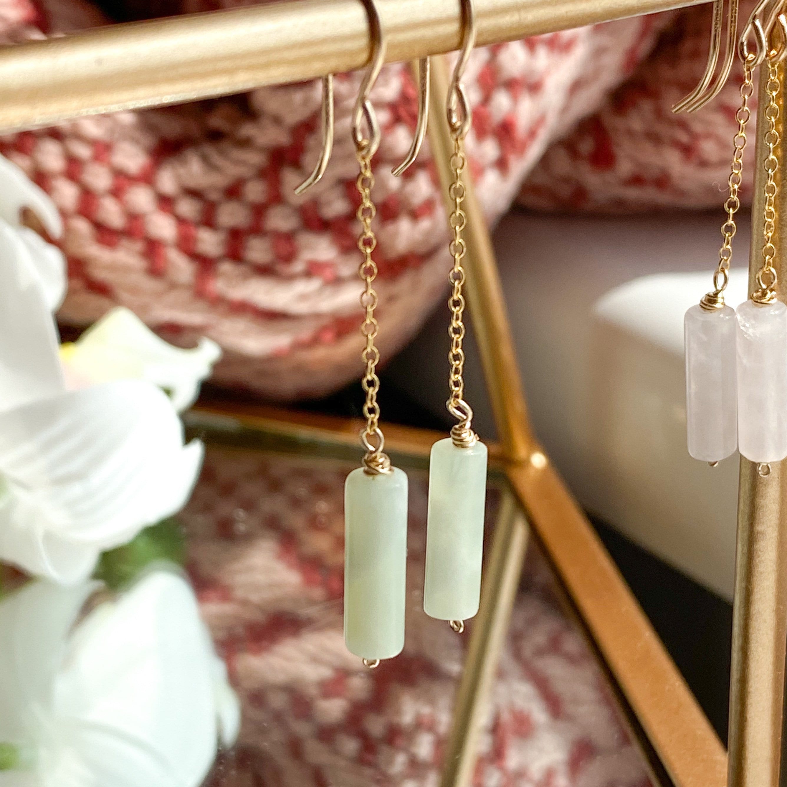 Pale Green Jade Dangle Chain Earrings, Sterling Silver 14K Gold Rose Gold Filled, Dainty Jade Column Tube Gemstone Chain Drop Hook Earrings