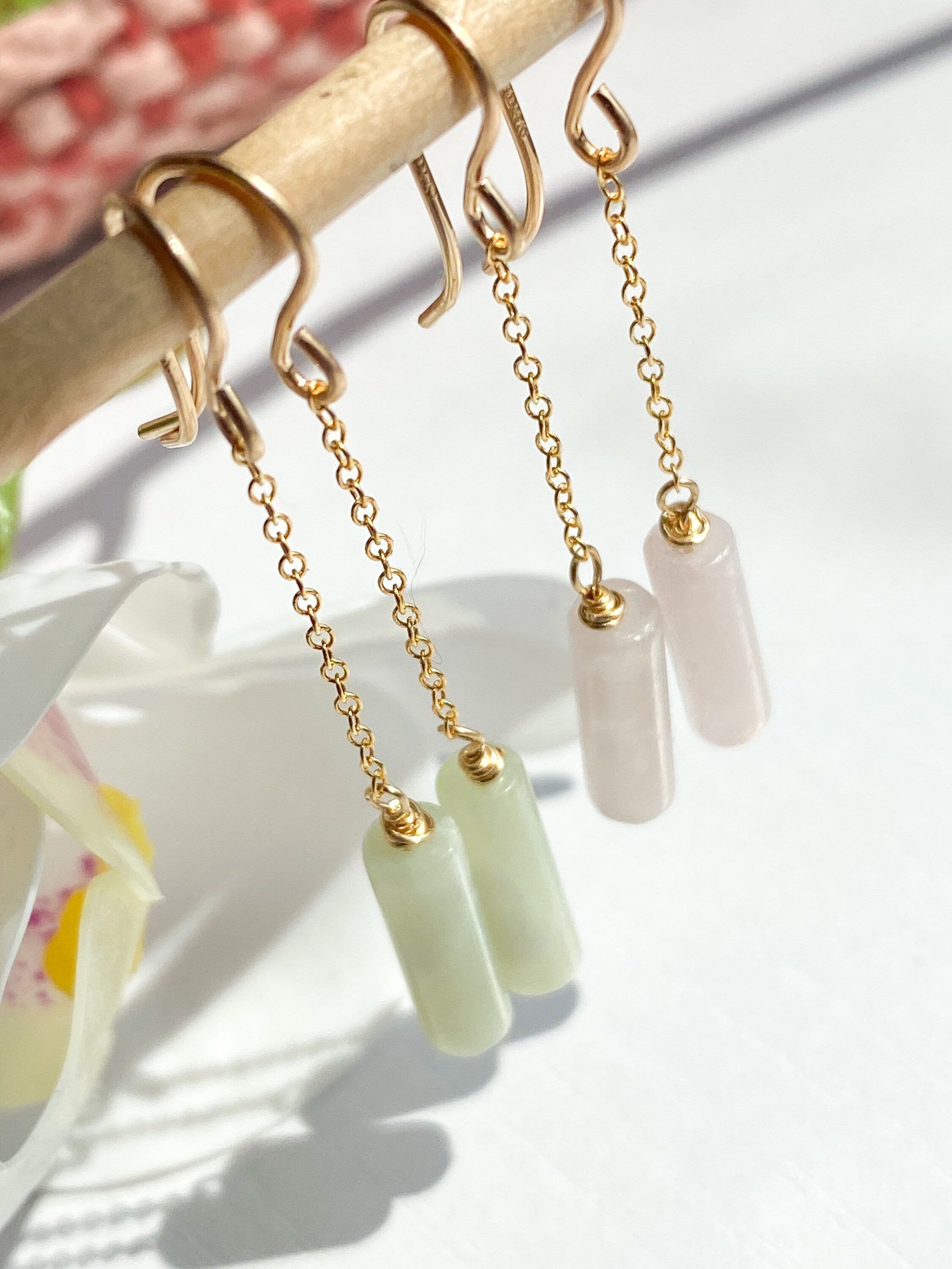 Pale Green Jade Dangle Chain Earrings, Sterling Silver 14K Gold Rose Gold Filled, Dainty Jade Column Tube Gemstone Chain Drop Hook Earrings