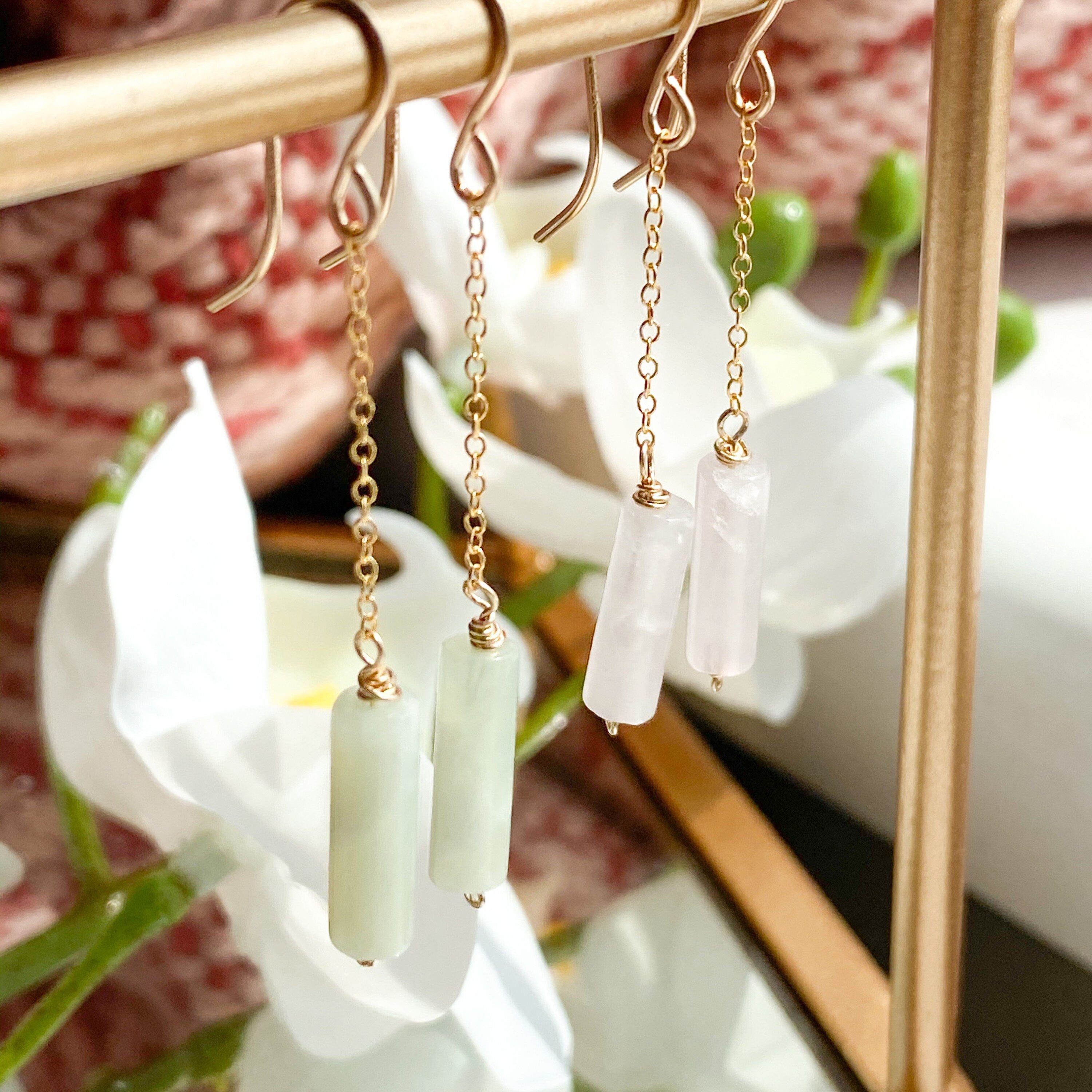 Pale Green Jade Dangle Chain Earrings, Sterling Silver 14K Gold Rose Gold Filled, Dainty Jade Column Tube Gemstone Chain Drop Hook Earrings