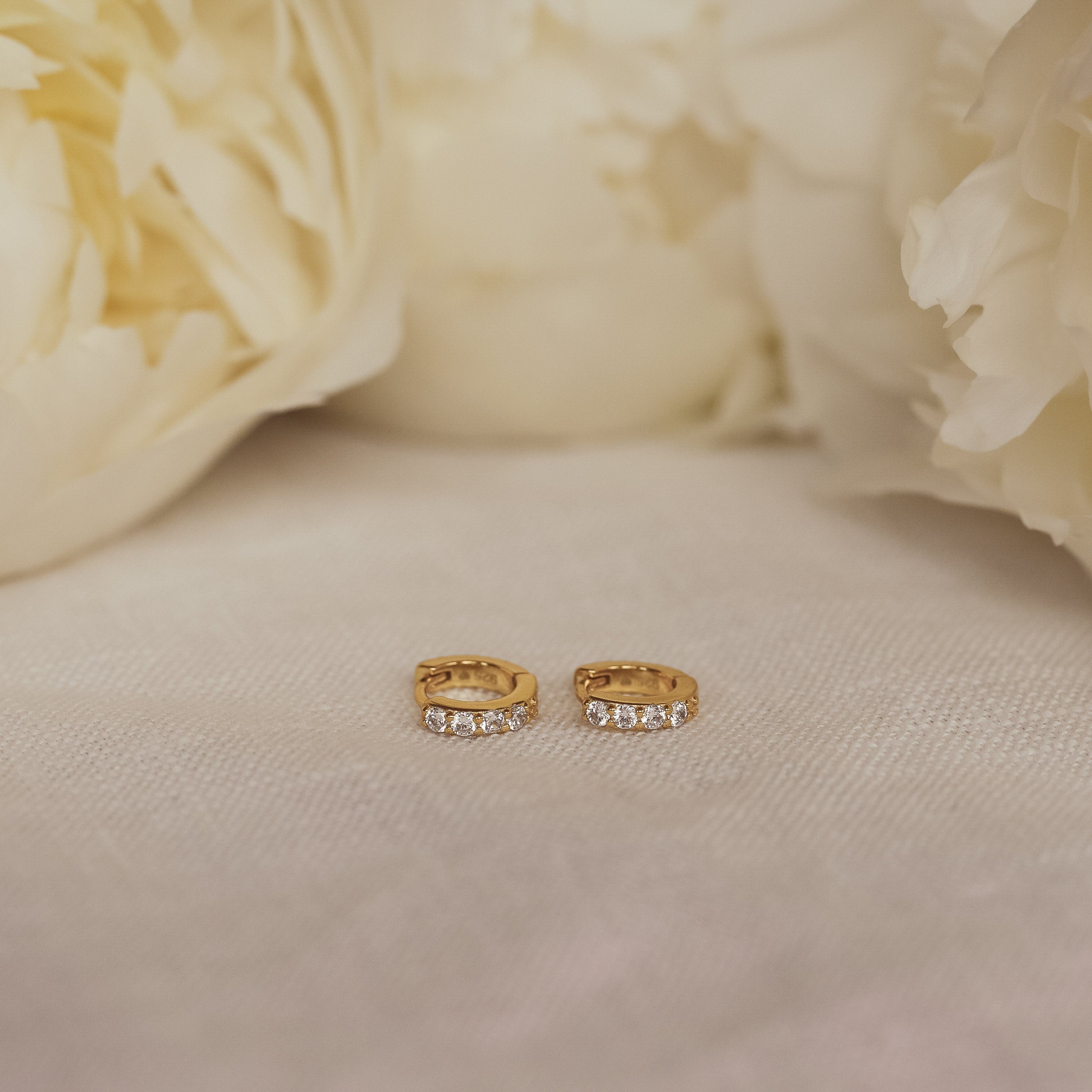 Pave Huggie Hoop Earrings • Diamond Stone Earrings • Small Gold Hoop Earrings • Minimalist Jewelry • Wedding Earrings • Gift for Her • ER111