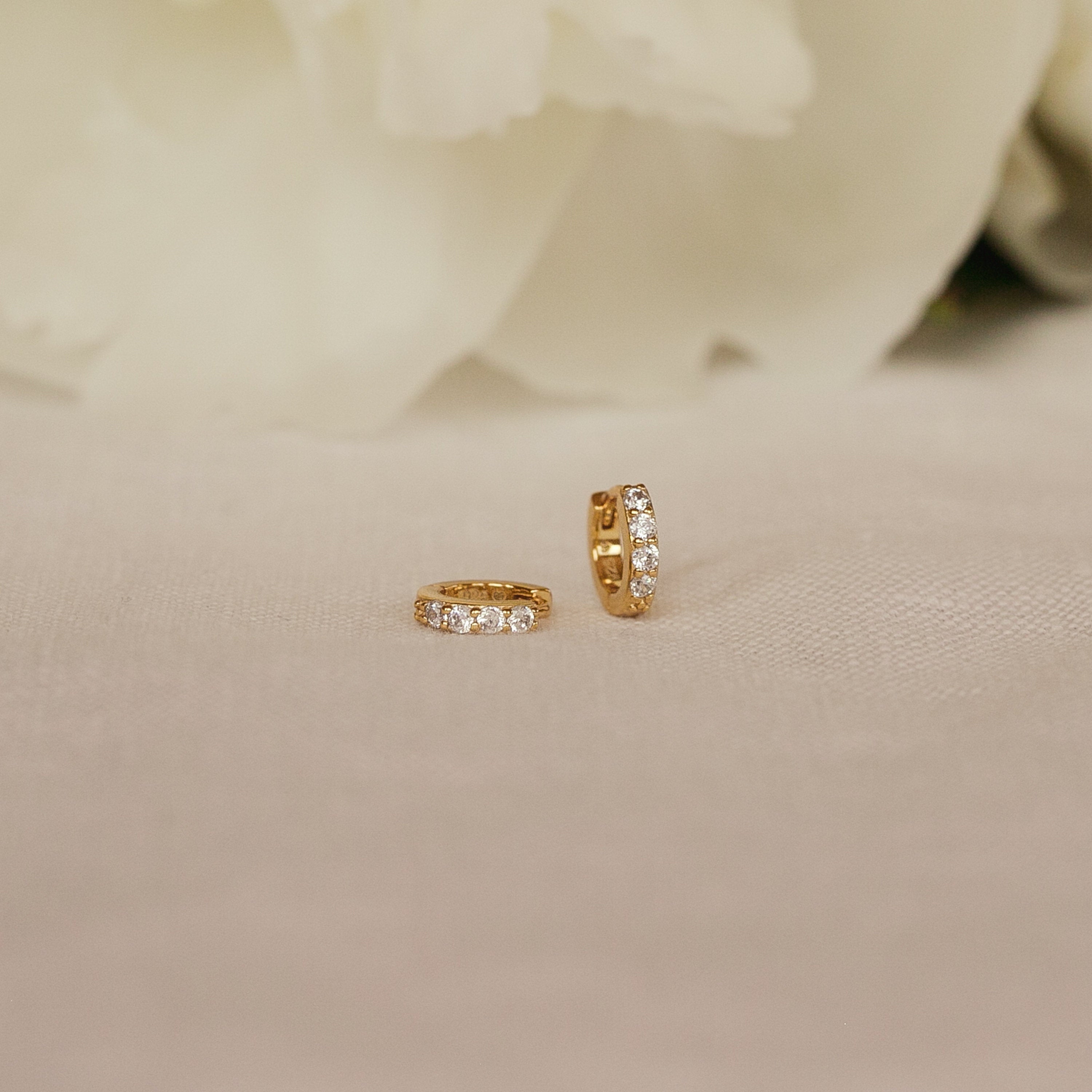 Pave Huggie Hoop Earrings • Diamond Stone Earrings • Small Gold Hoop Earrings • Minimalist Jewelry • Wedding Earrings • Gift for Her • ER111