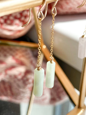 Pale Green Jade Dangle Chain Earrings, Sterling Silver 14K Gold Rose Gold Filled, Dainty Jade Column Tube Gemstone Chain Drop Hook Earrings