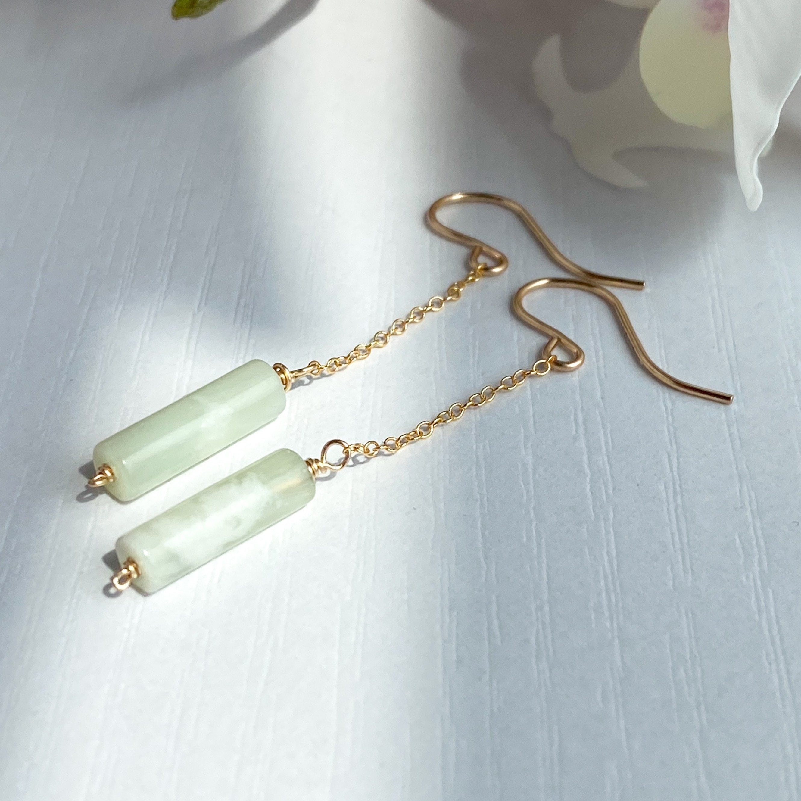 Pale Green Jade Dangle Chain Earrings, Sterling Silver 14K Gold Rose Gold Filled, Dainty Jade Column Tube Gemstone Chain Drop Hook Earrings