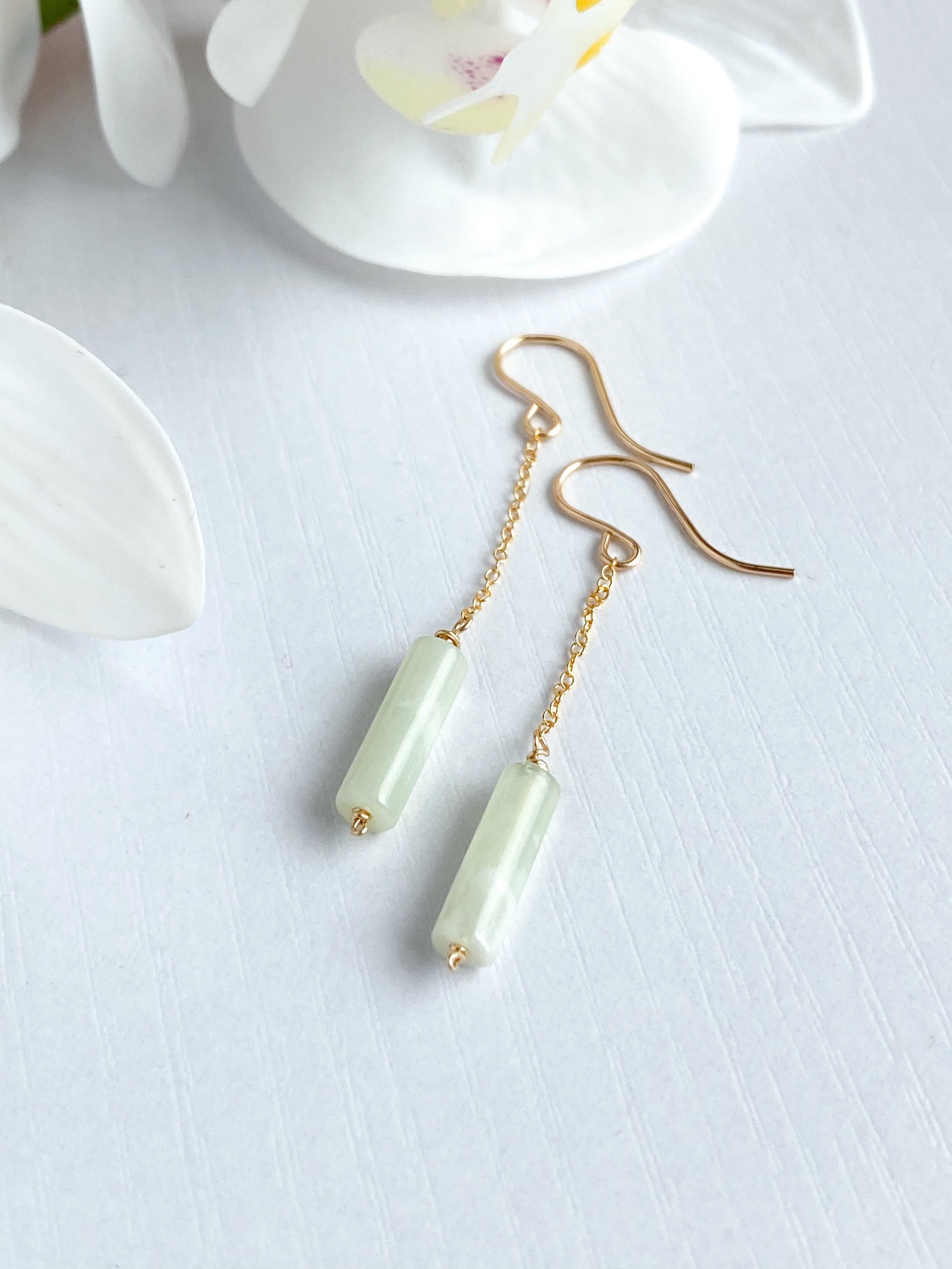 Pale Green Jade Dangle Chain Earrings, Sterling Silver 14K Gold Rose Gold Filled, Dainty Jade Column Tube Gemstone Chain Drop Hook Earrings