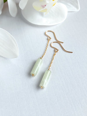 Pale Green Jade Dangle Chain Earrings, Sterling Silver 14K Gold Rose Gold Filled, Dainty Jade Column Tube Gemstone Chain Drop Hook Earrings