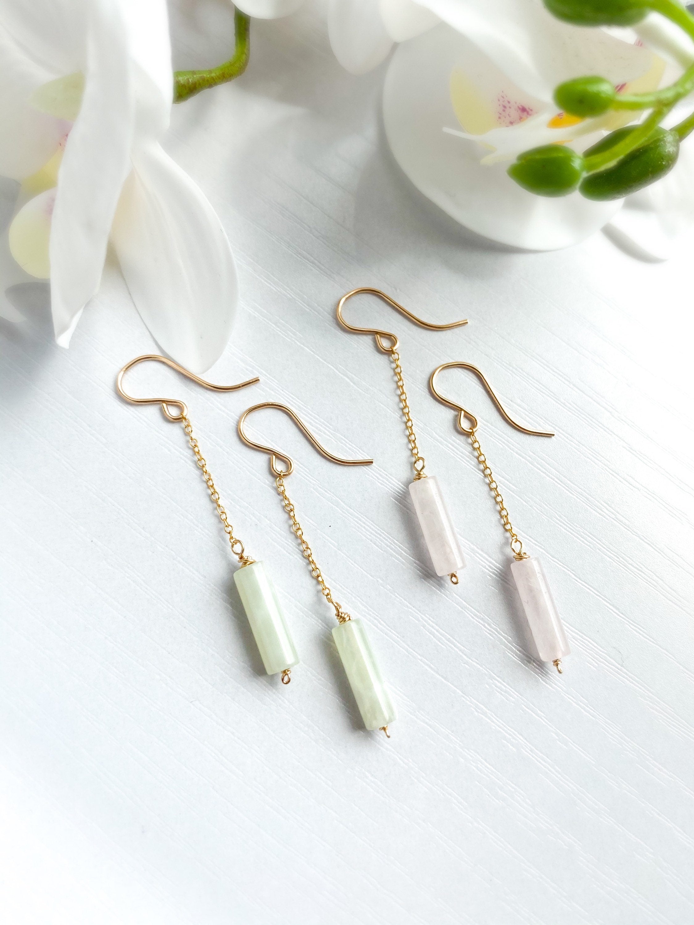 Pale Green Jade Dangle Chain Earrings, Sterling Silver 14K Gold Rose Gold Filled, Dainty Jade Column Tube Gemstone Chain Drop Hook Earrings