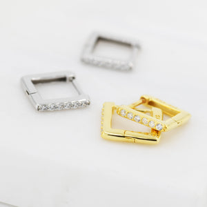 CZ Pave Square Huggie Hoop in Sterling Silver, Skinny Geometric Hoop Earrings, Gold or Silver Finish, 8Mm Minimalist Hoops
