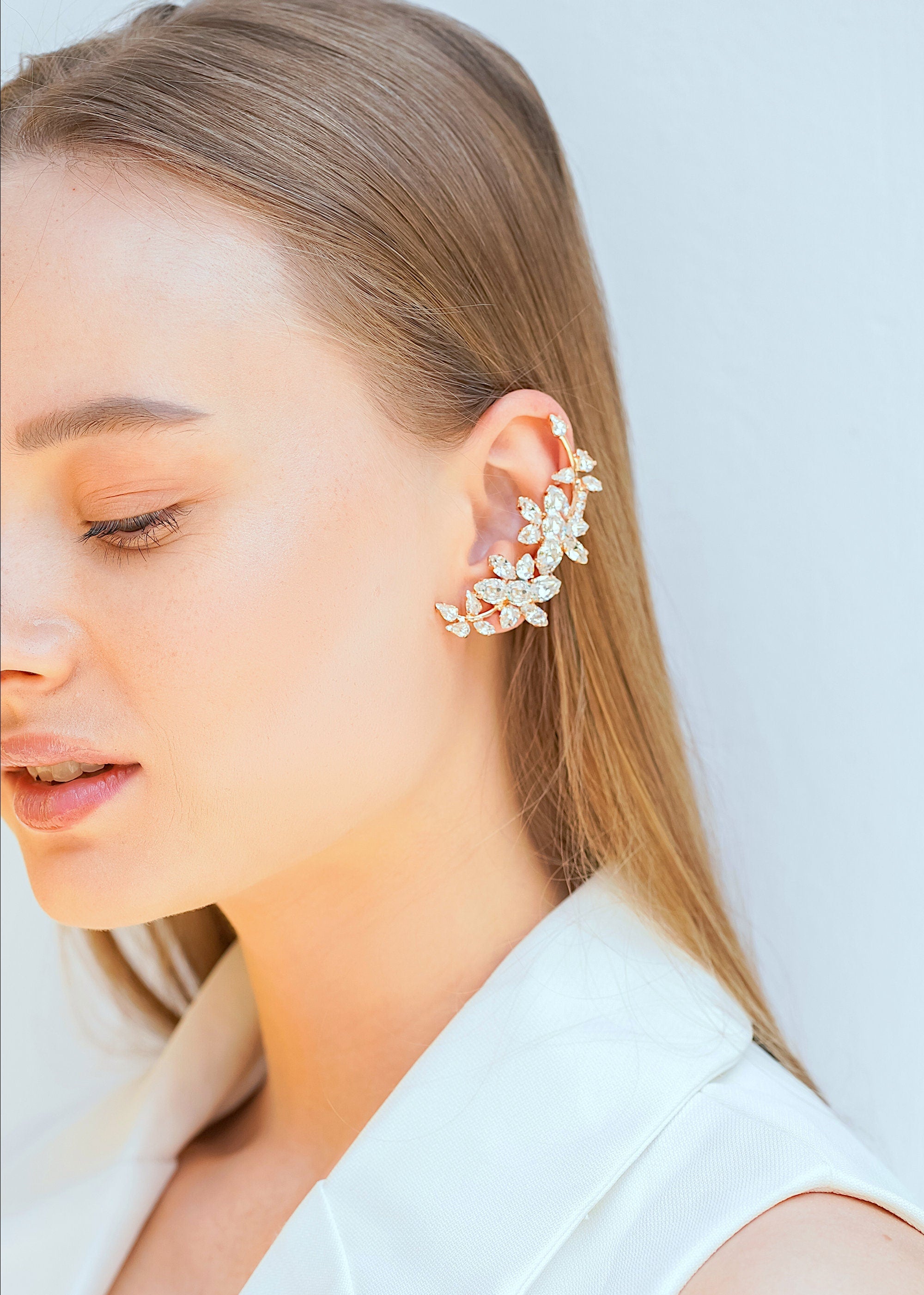 Ear Climber Earrings, Bridal Ear Cuff Earrings, Bridal Climber Crystal Earrings, Silver Ear Cuff Earrings, Trending Bridal Emerald Earrings