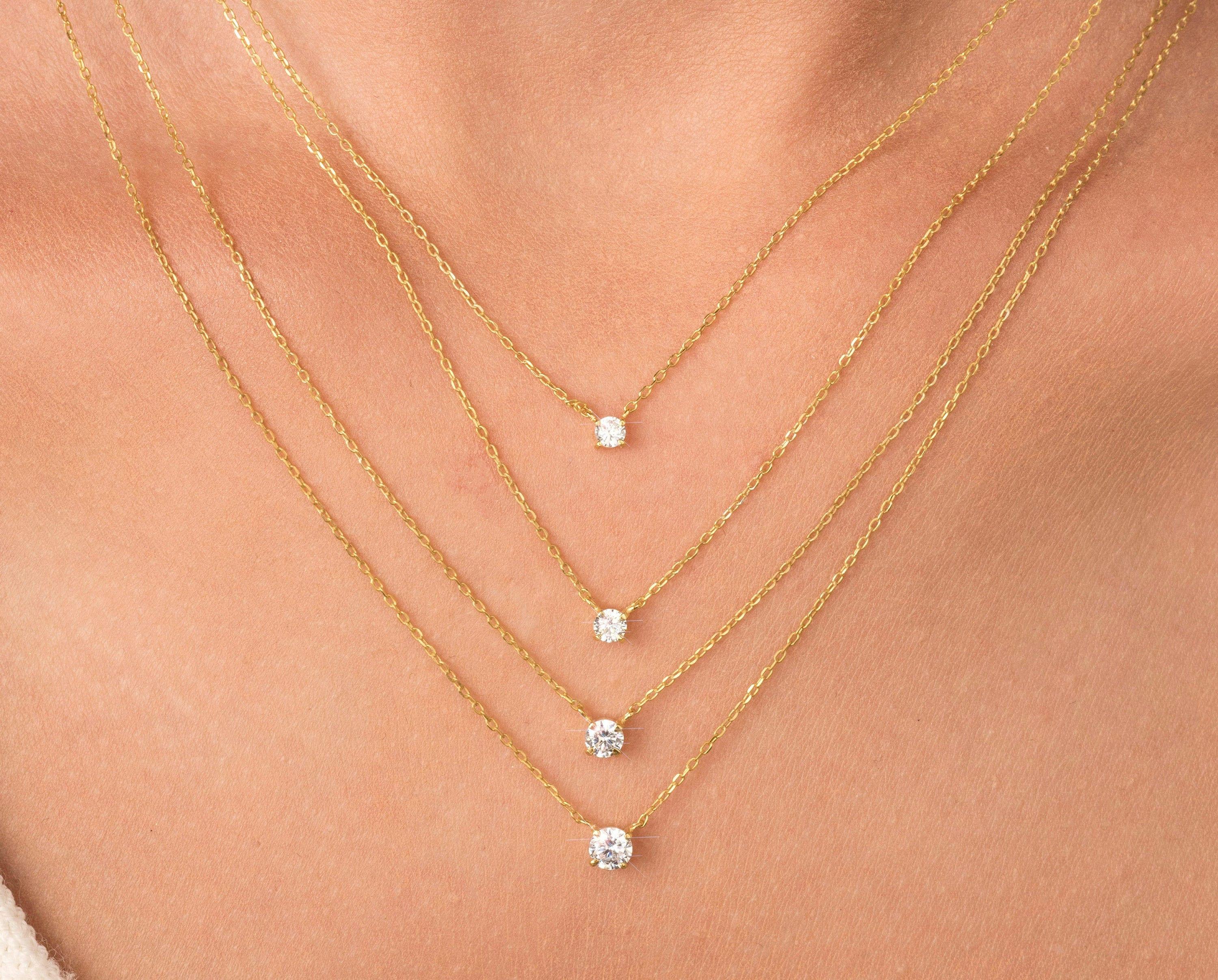 Stunning 14K Gold Diamond Solitaire Necklace – Elegant Dainty Floating Design for Effortless Minimalist Style.
