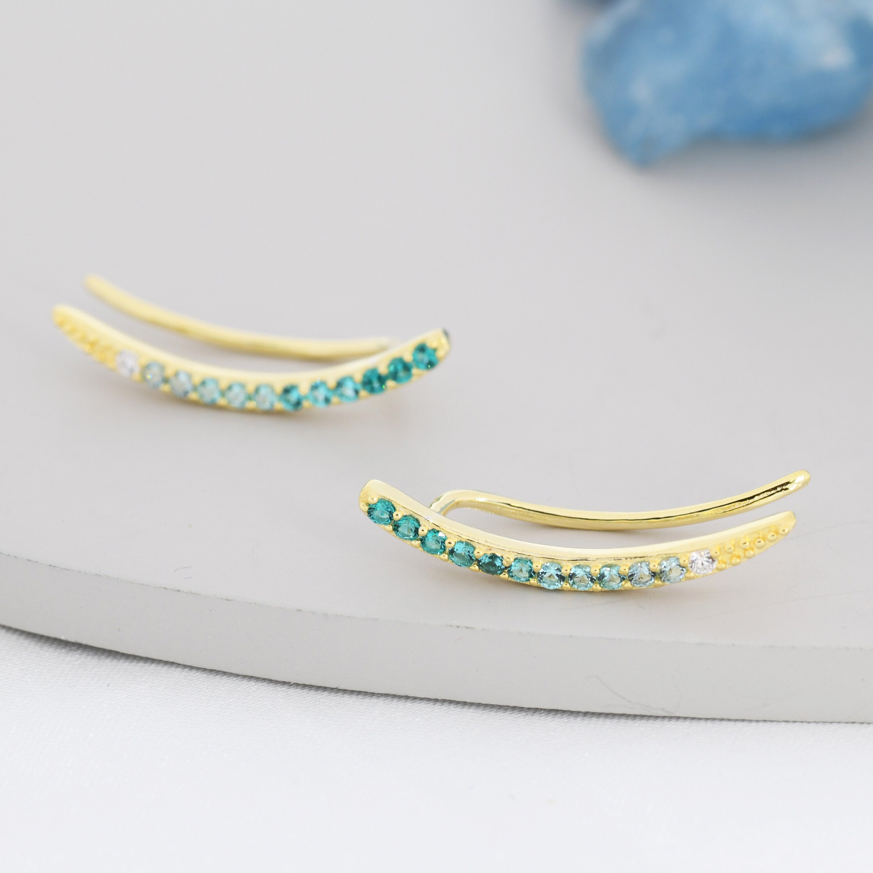 Ombre Emerald Green CZ Crawler Earrings in Sterling Silver, Silver or Gold, Gradient Colour Ear Crawlers, May Birthstone Ear Climbers