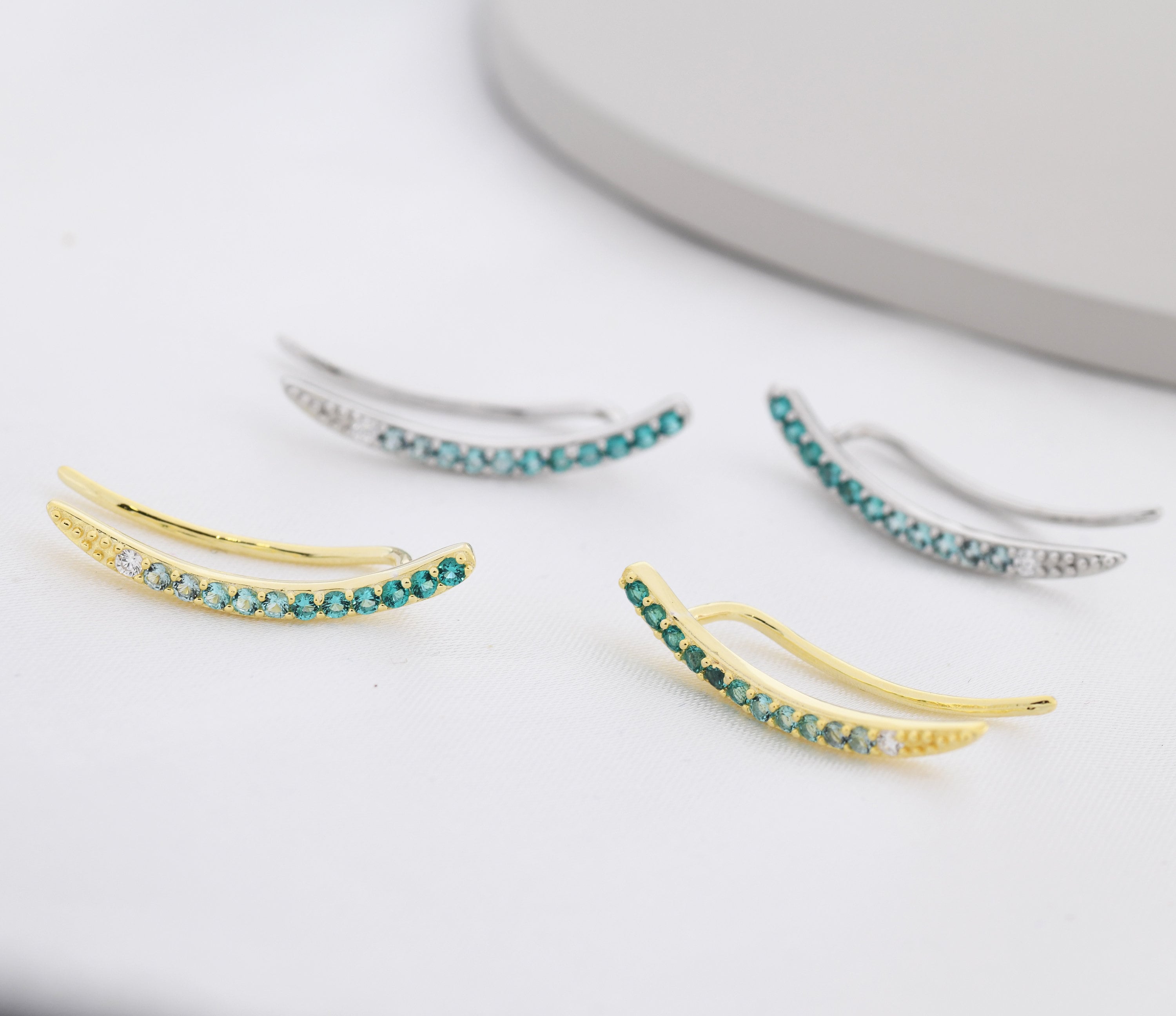 Ombre Emerald Green CZ Crawler Earrings in Sterling Silver, Silver or Gold, Gradient Colour Ear Crawlers, May Birthstone Ear Climbers